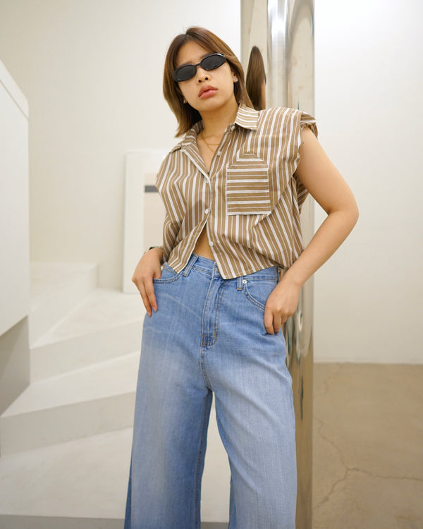 Puff Sleeve stripe crop shirt