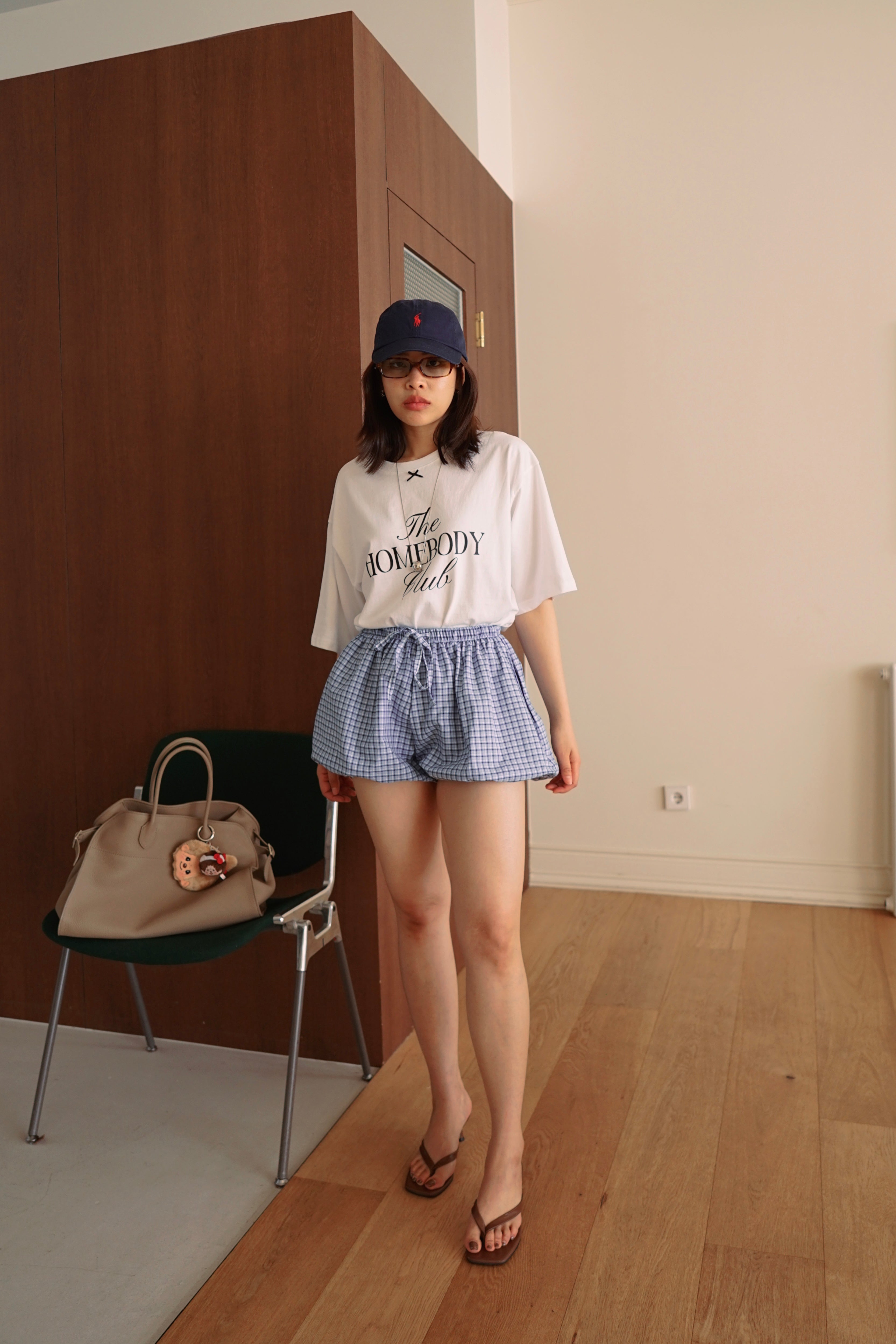 checked pumpkin mini shorts