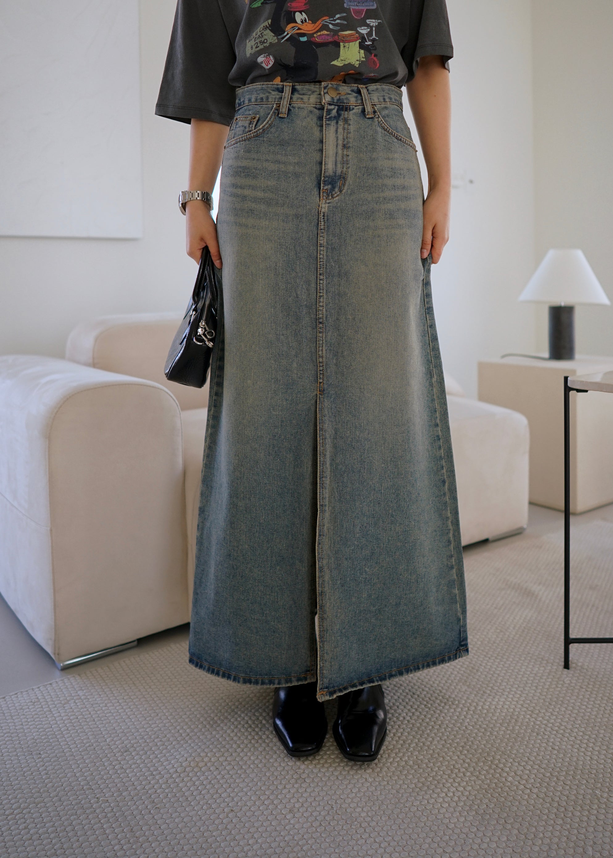 sand wash front slit denim maxi skirt