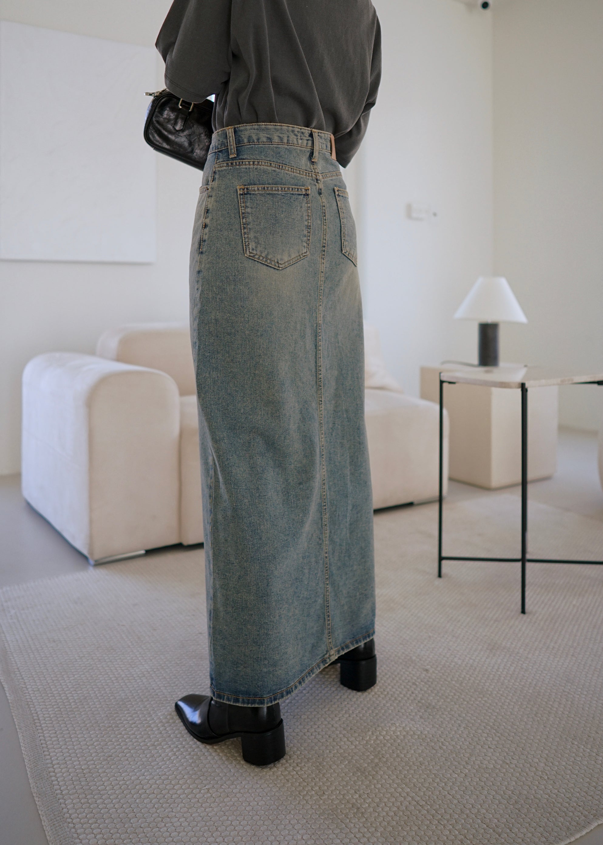 sand wash front slit denim maxi skirt