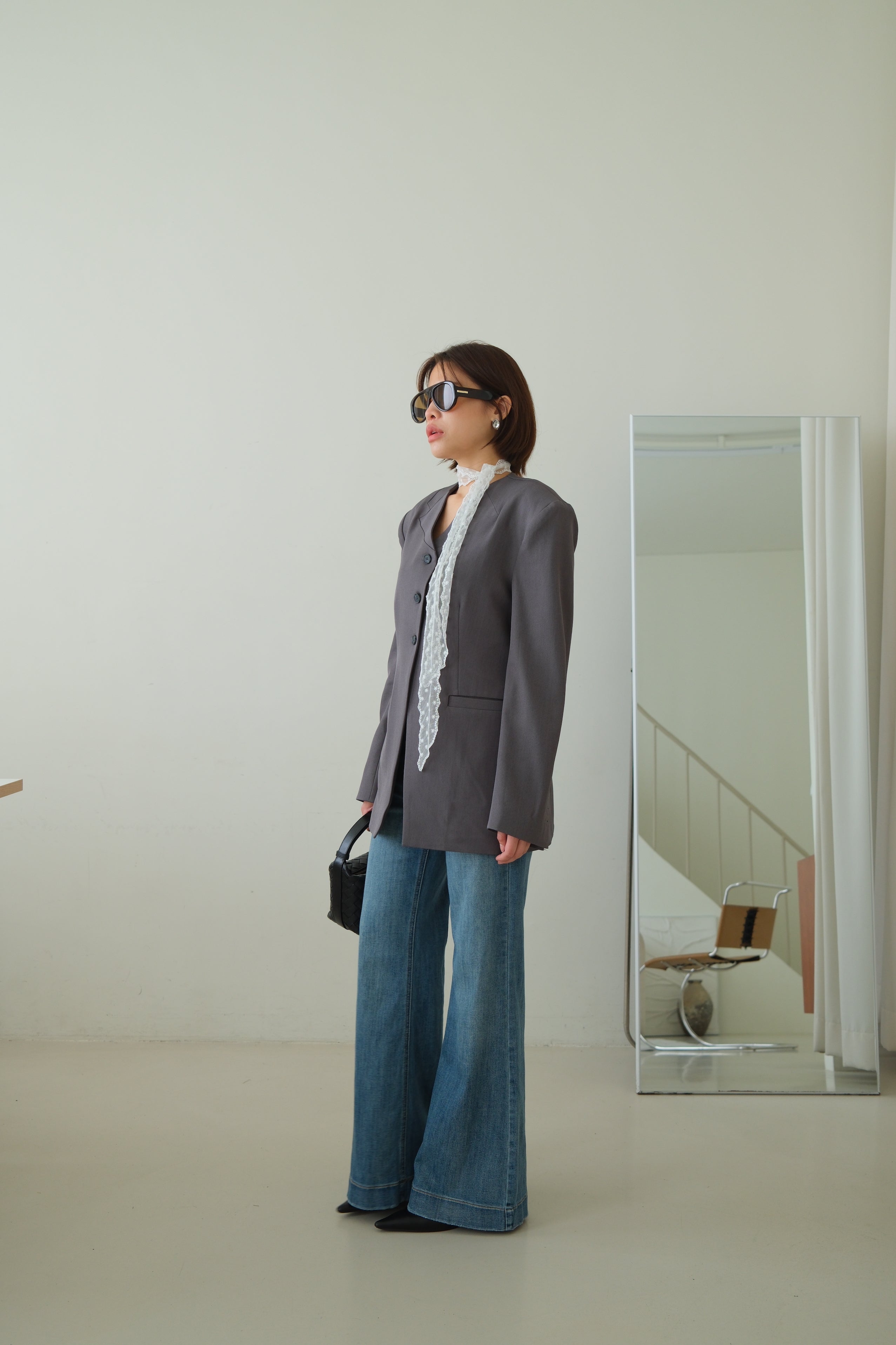 Collarless V-Neck Longline Blazer