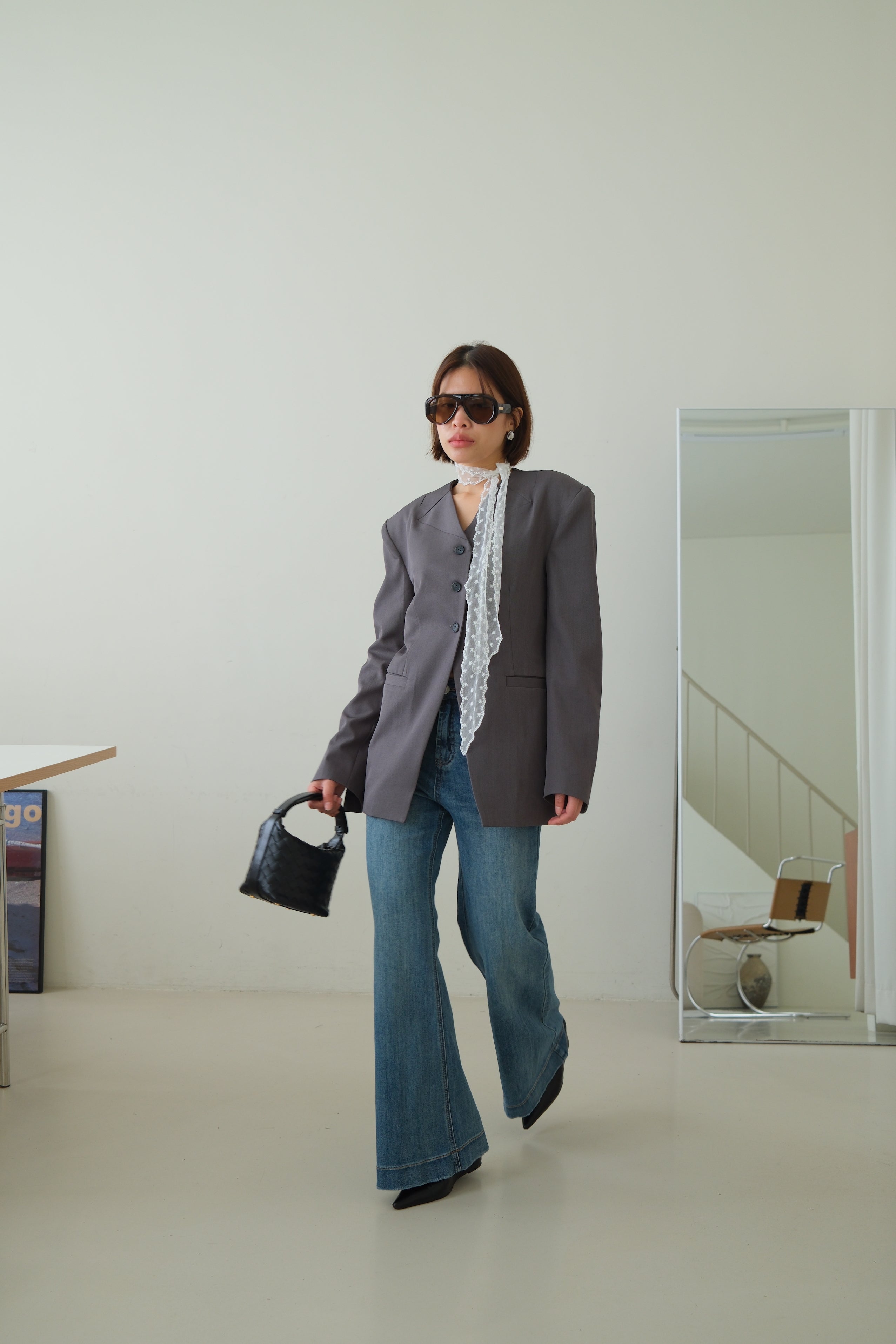 Collarless V-Neck Longline Blazer