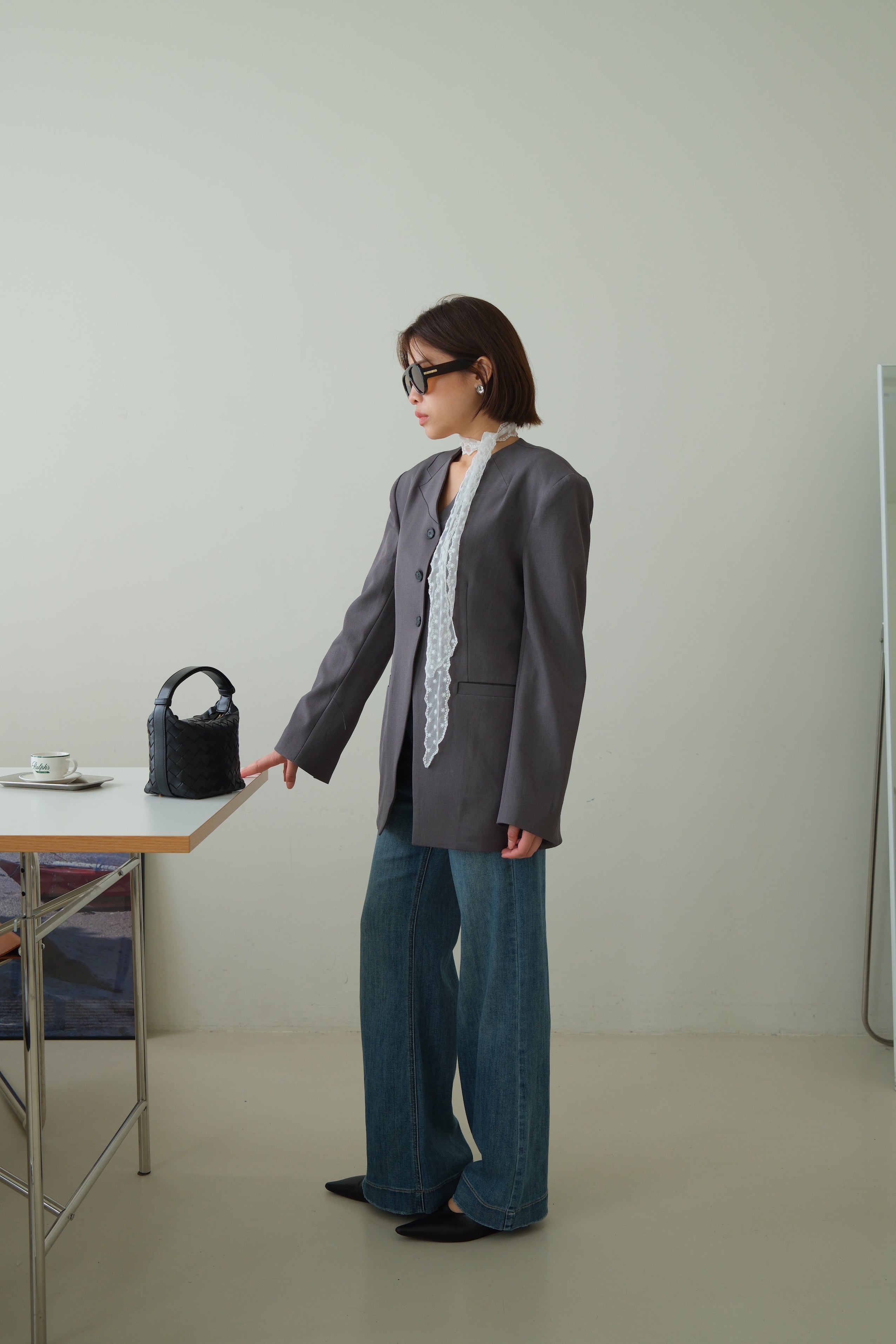 Collarless V-Neck Longline Blazer