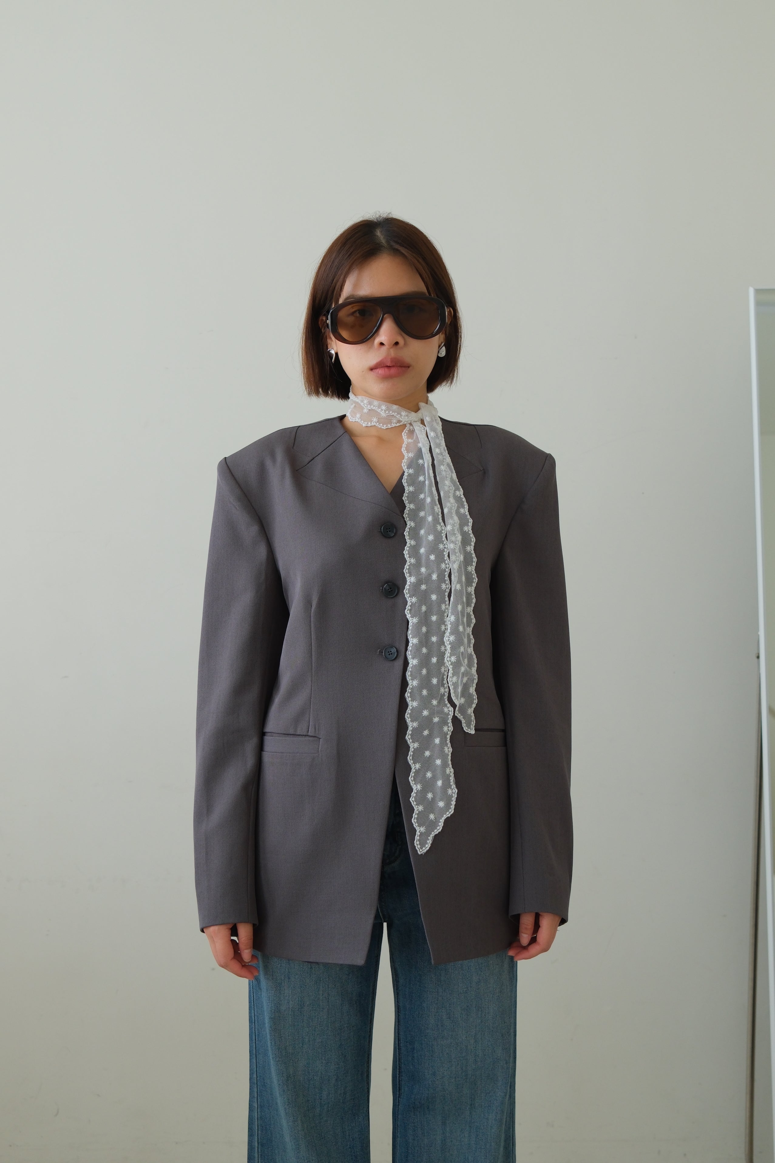 Collarless V-Neck Longline Blazer