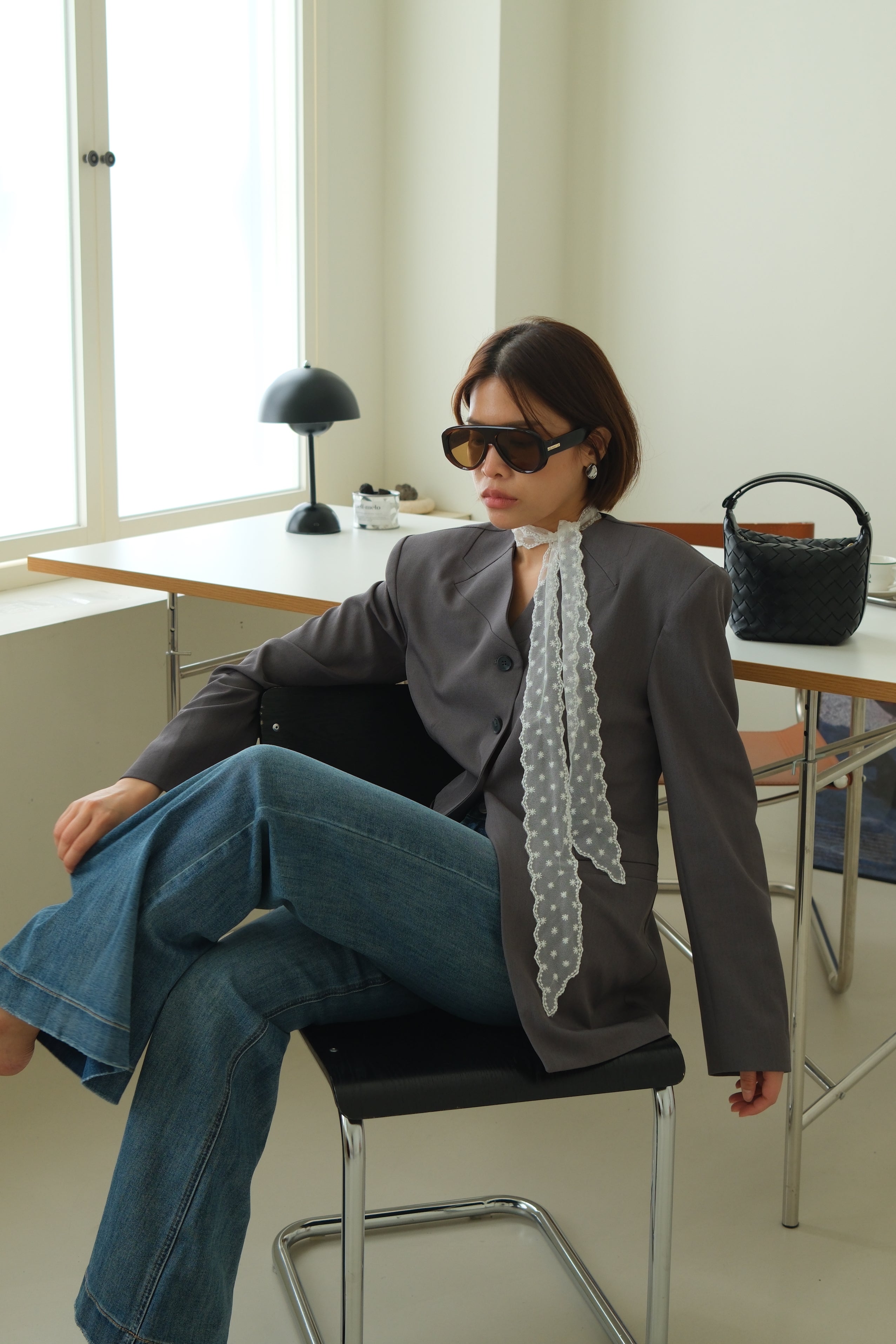 Collarless V-Neck Longline Blazer