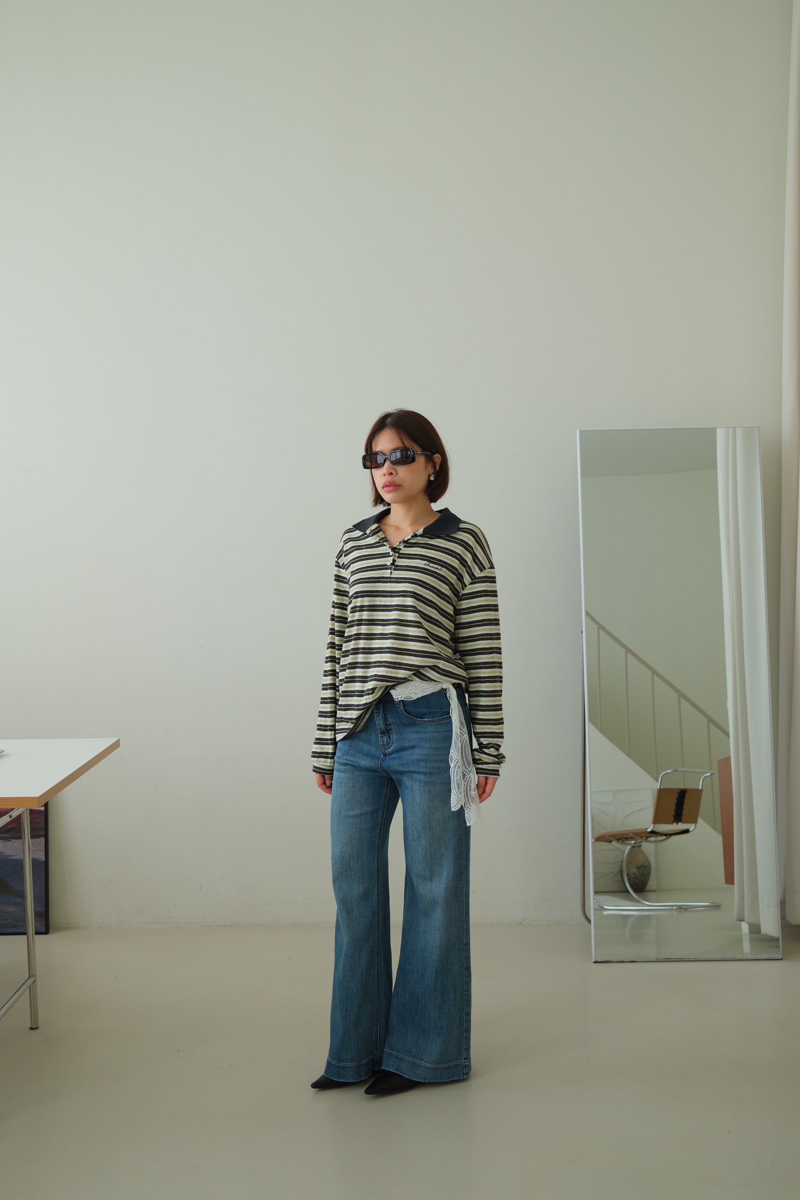 Preppy Striped Polo Long Sleeve Top