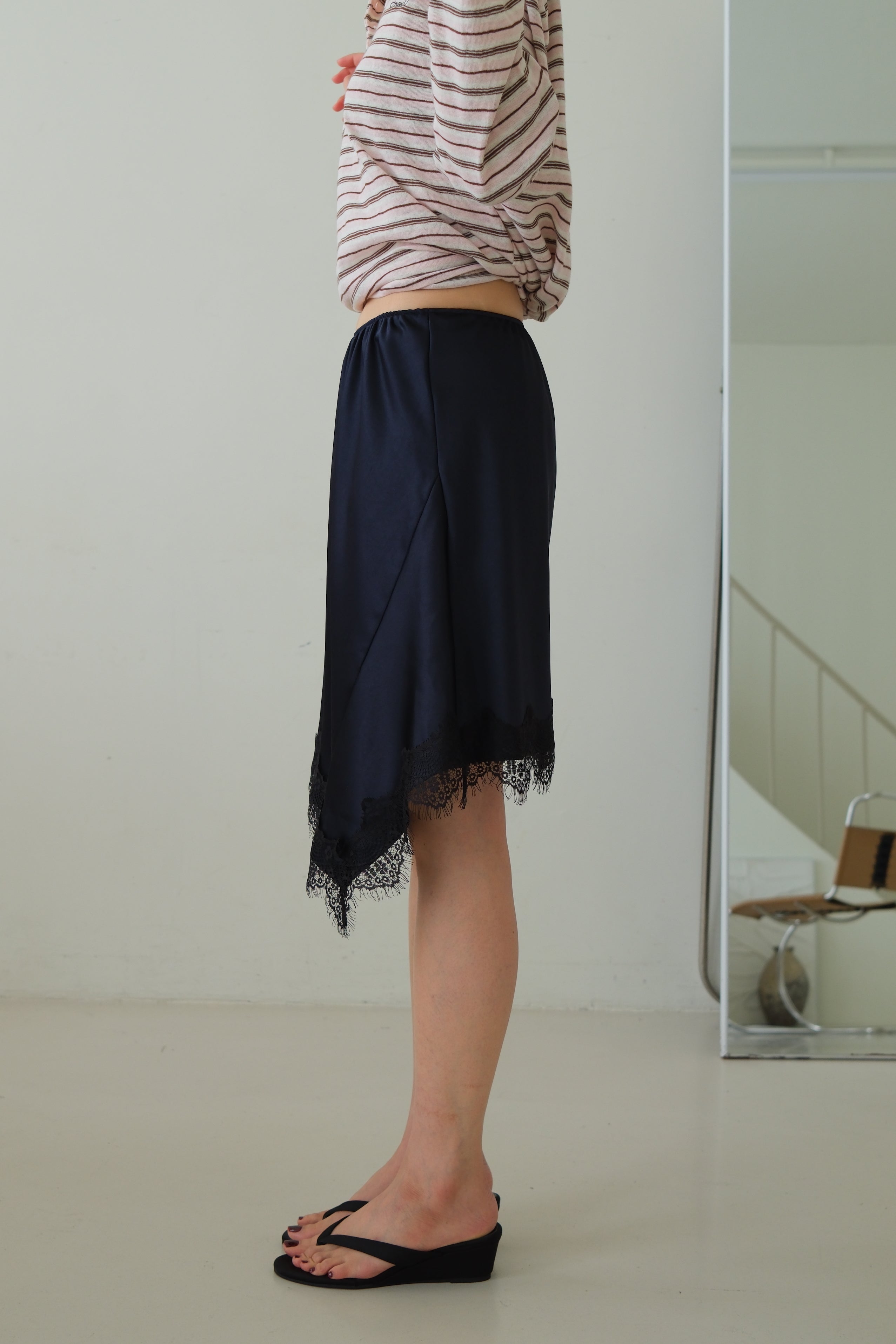 Frances Asymmetric Lace Hem Satin Skirt