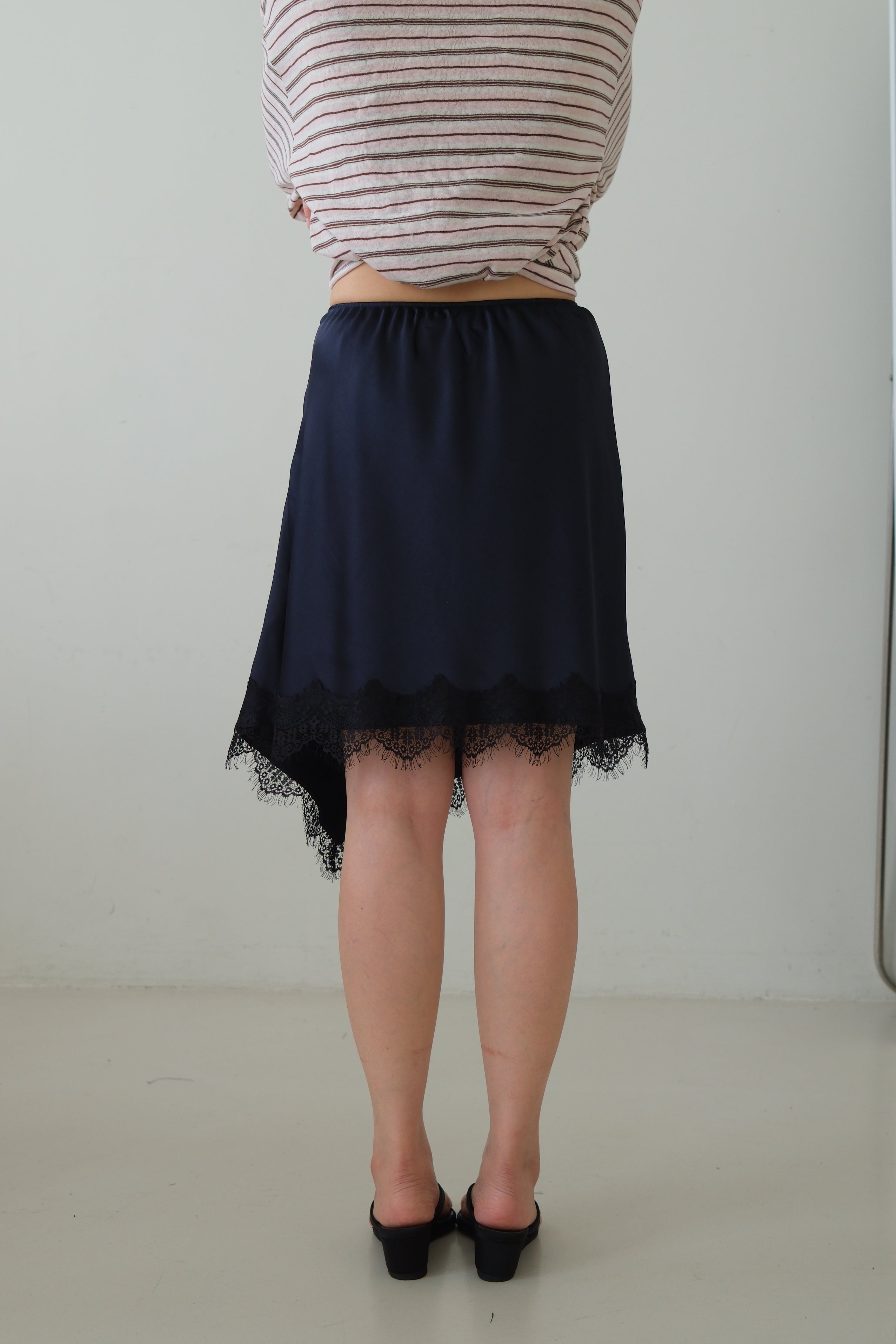 Frances Asymmetric Lace Hem Satin Skirt