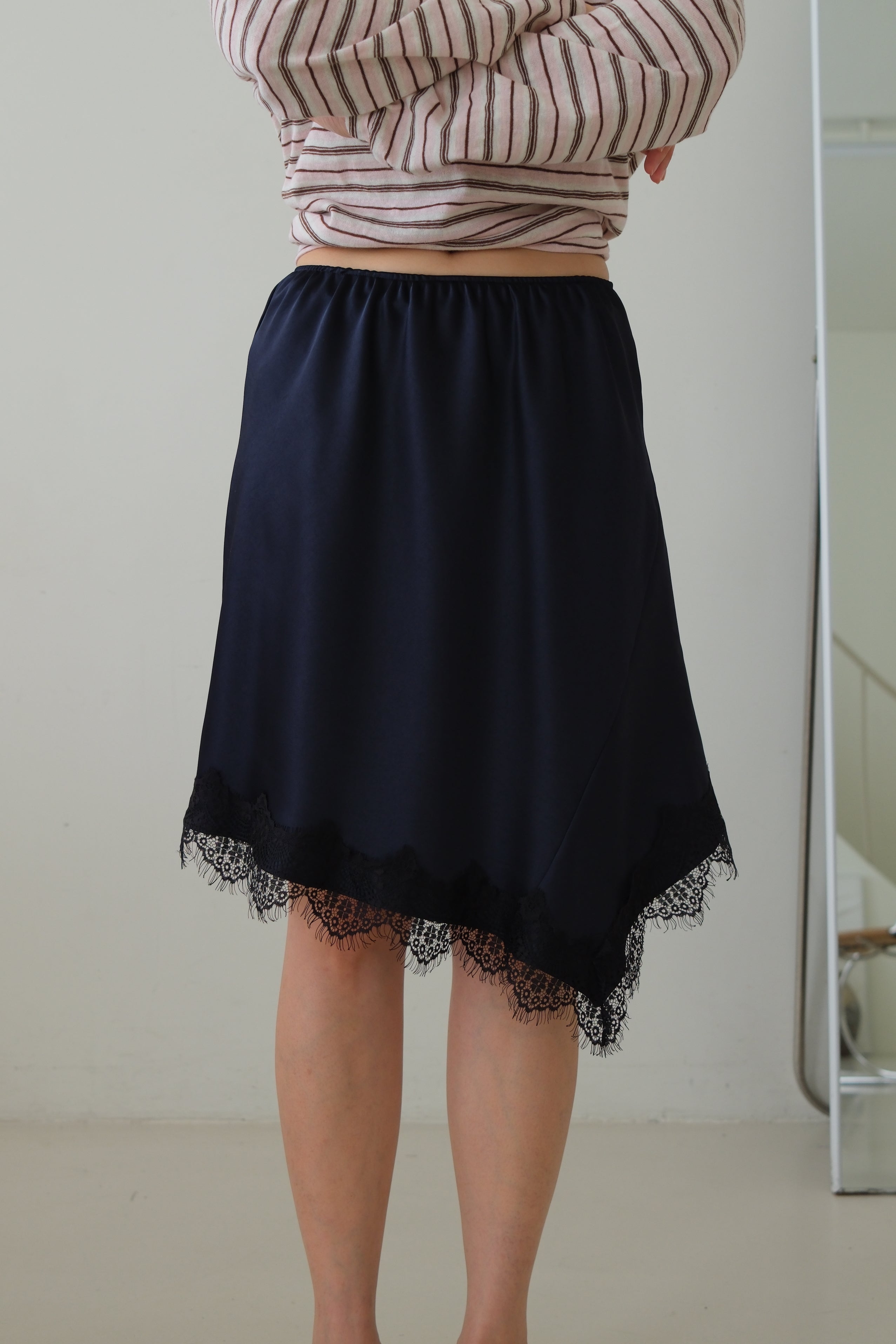 Frances Asymmetric Lace Hem Satin Skirt