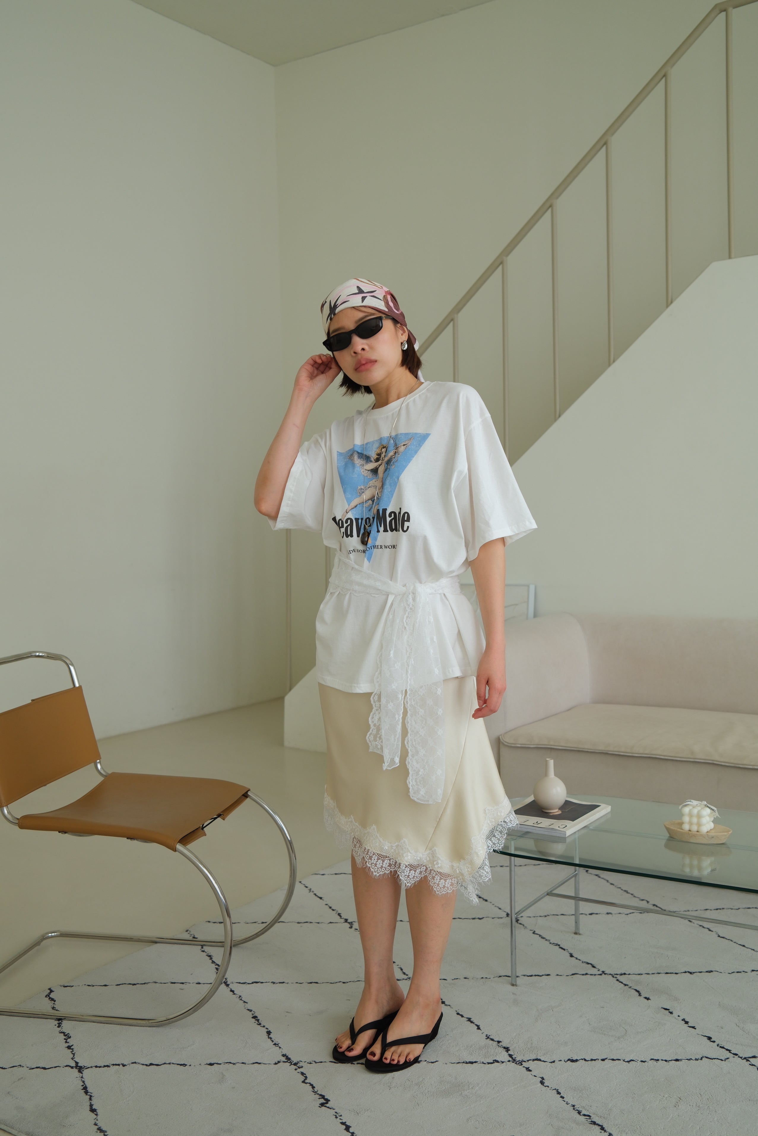 Frances Asymmetric Lace Hem Satin Skirt