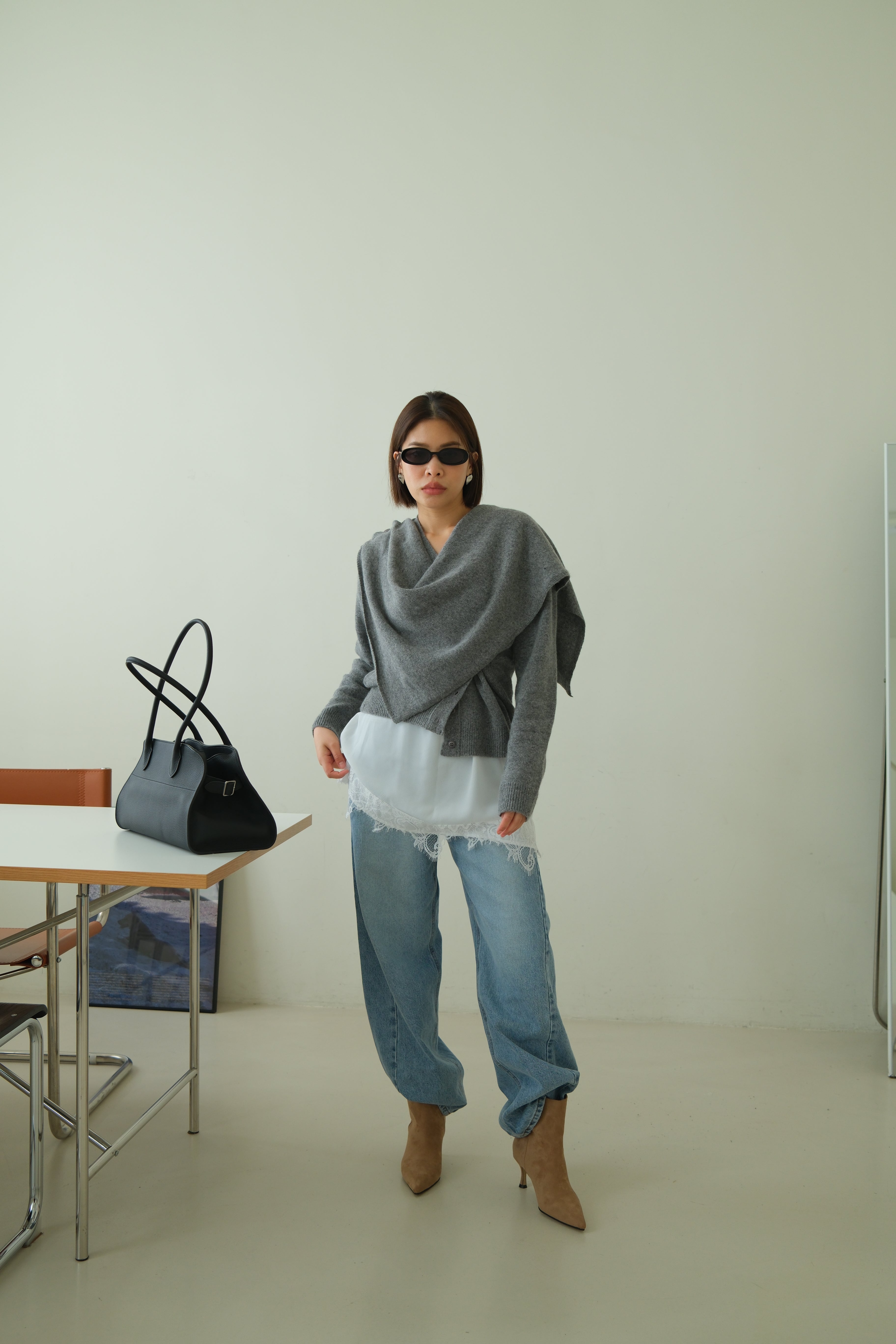 Rac scarf button cardigan (detachable scarf)