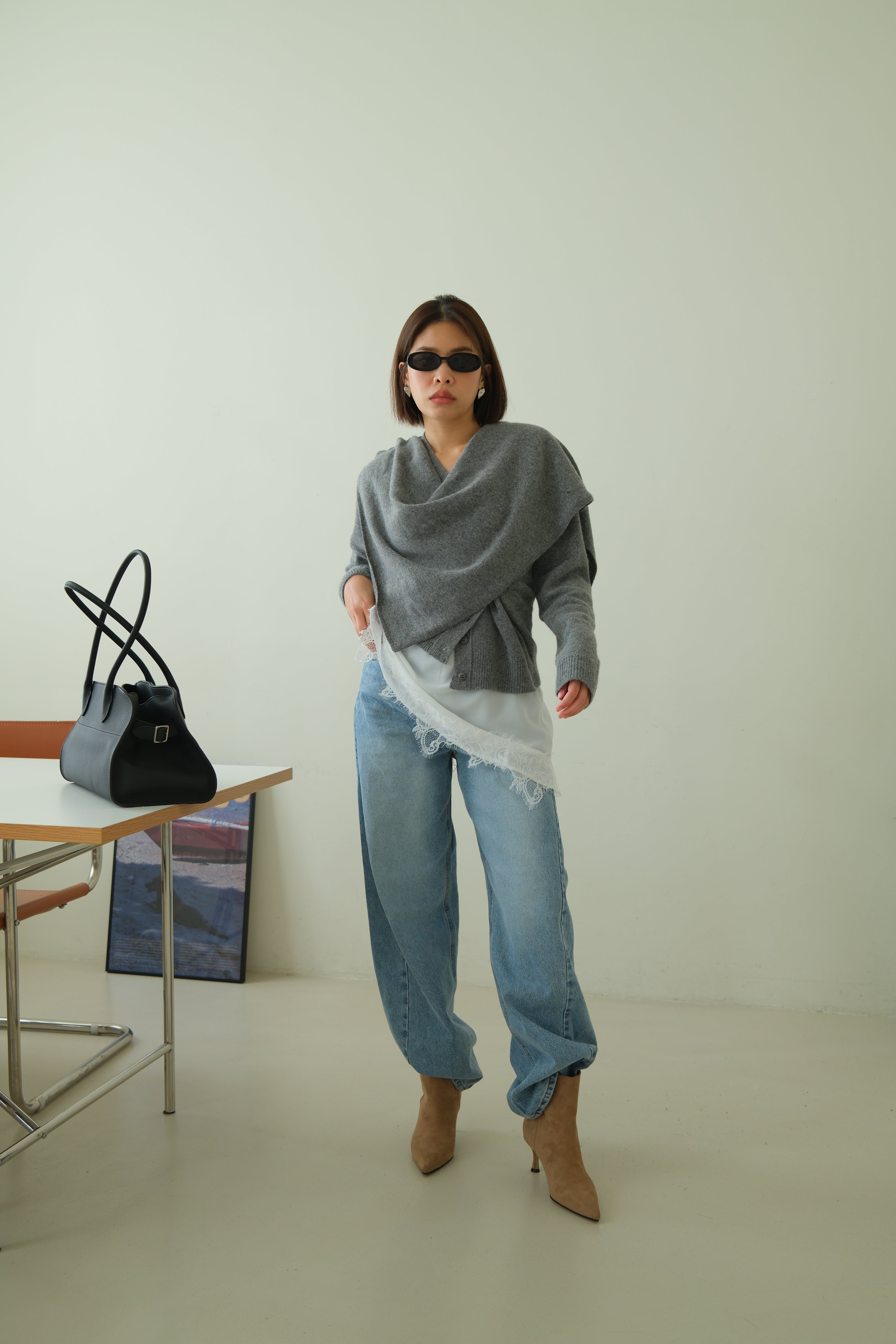 Rac scarf button cardigan (detachable scarf)