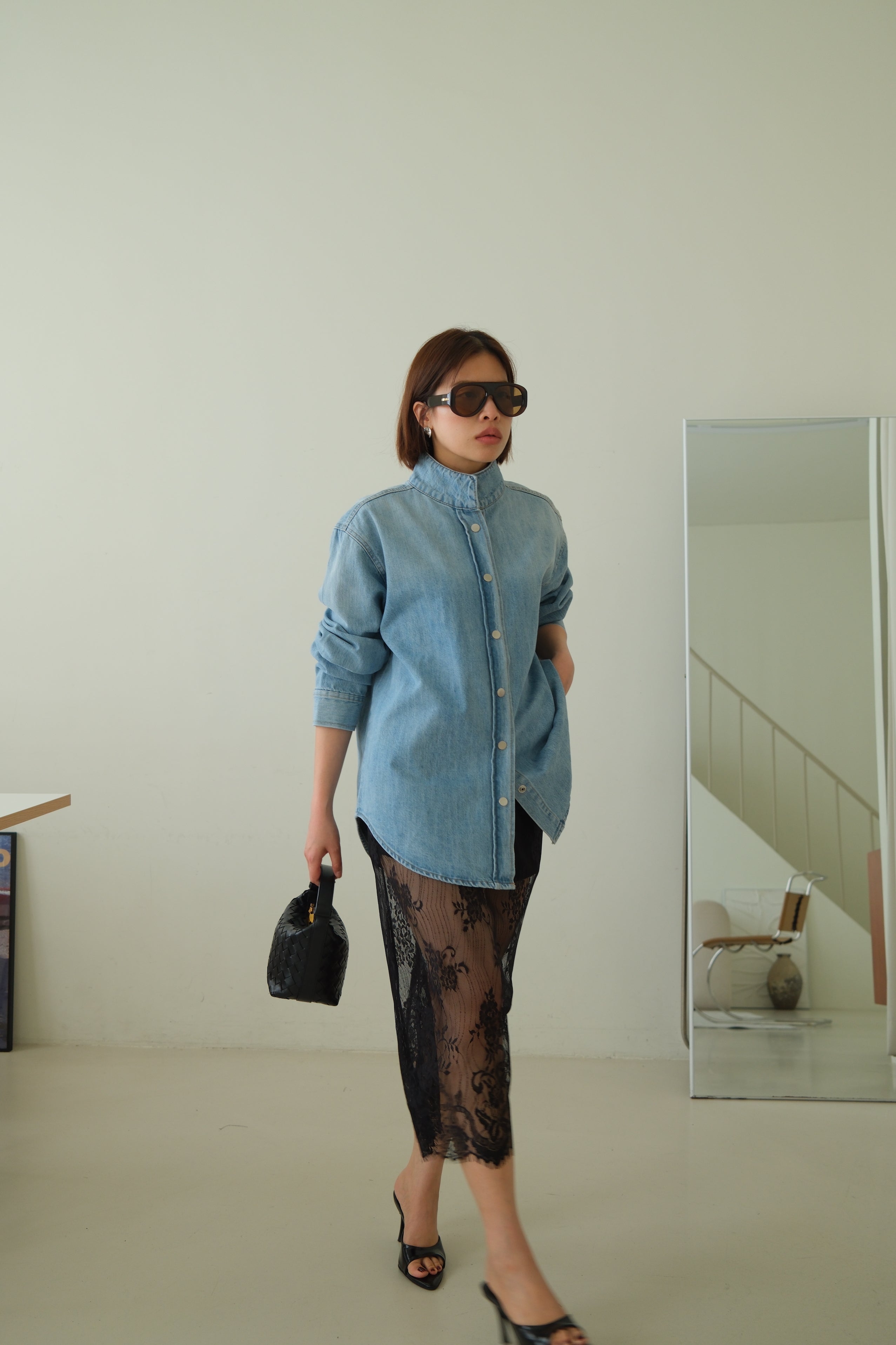 Mandarin Collar Denim Shirt Jacket