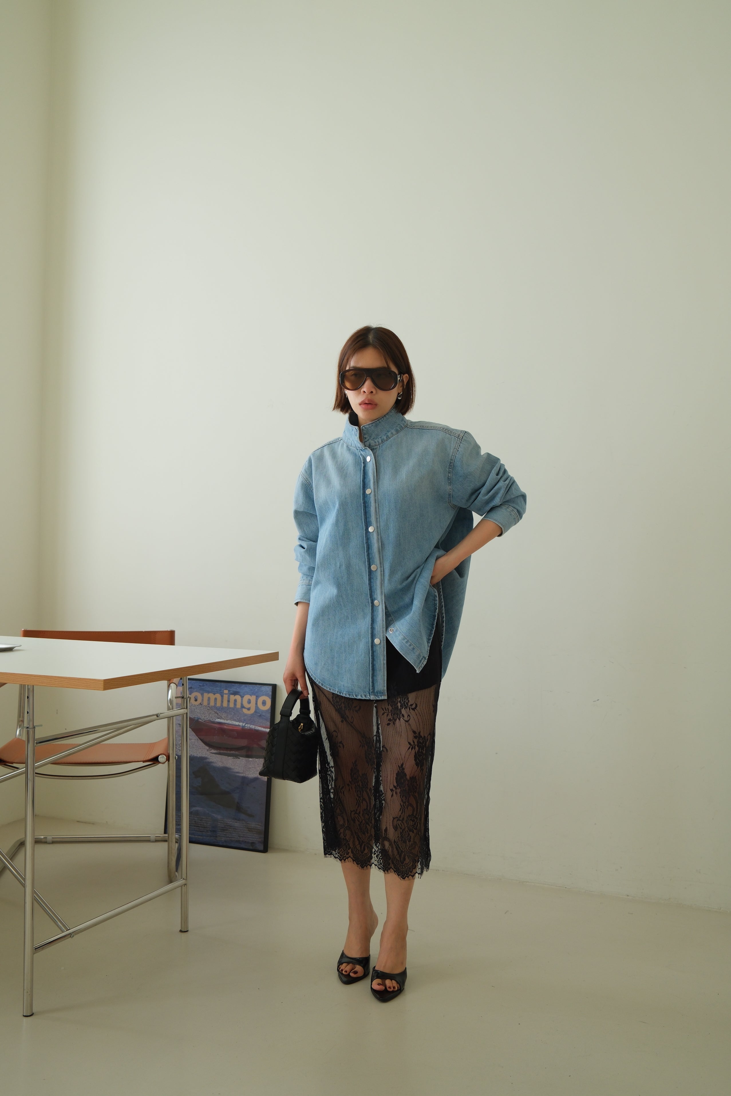 Mandarin Collar Denim Shirt Jacket