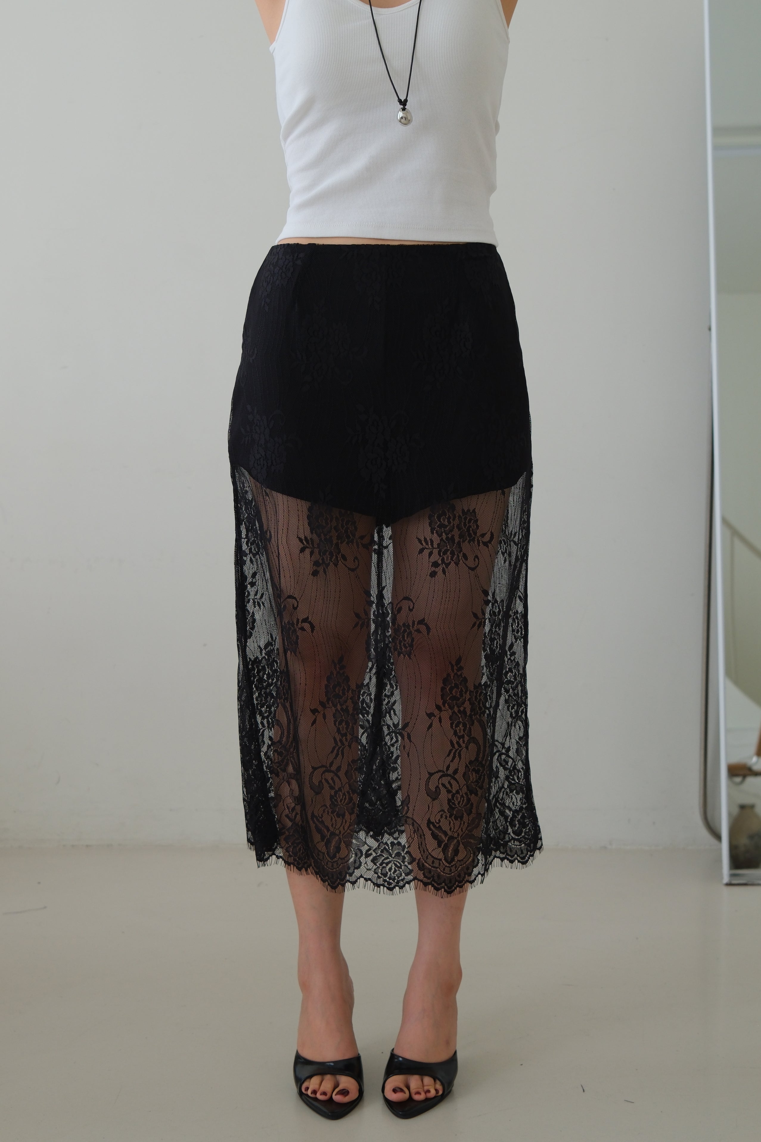 Shaw Sheer Lace Midi Skirt with Inner Shorts