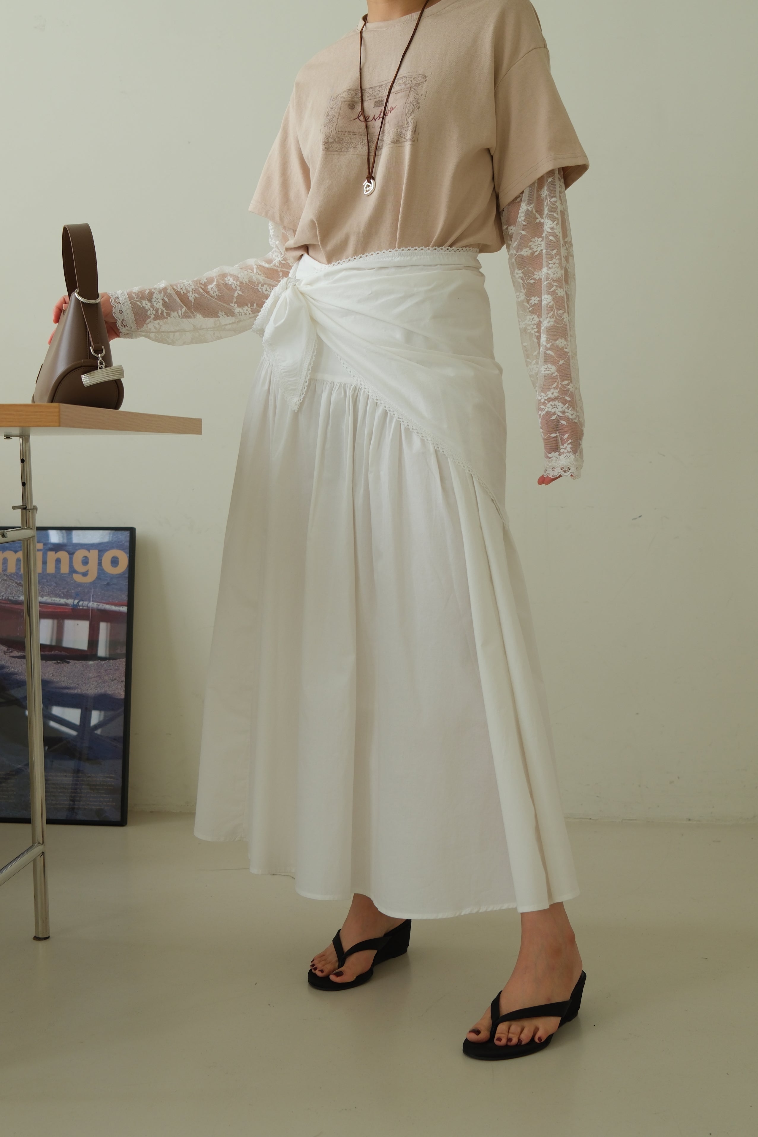 Cotton Maxi Skirt with Lace Tie Waist