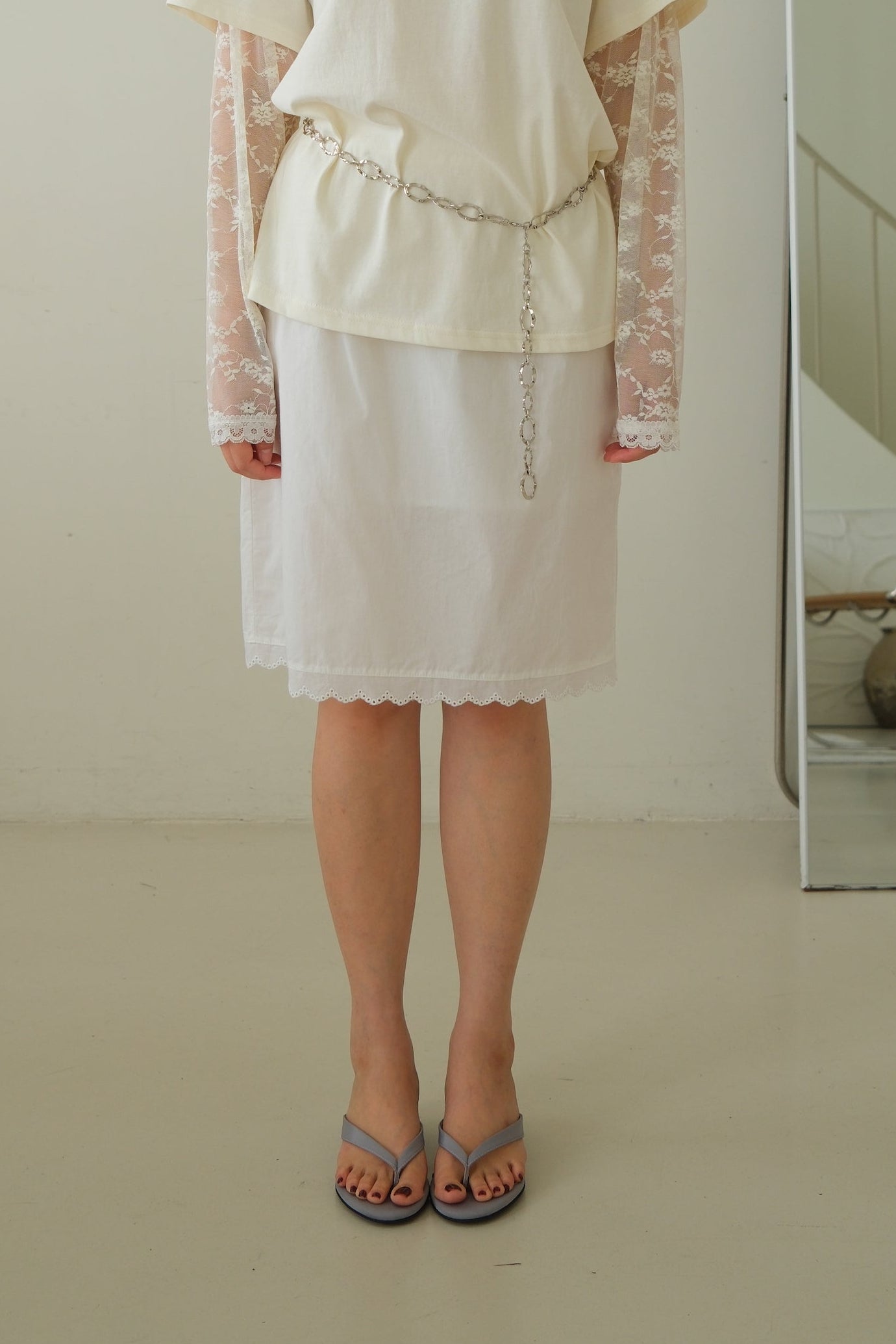 Coral Cotton Lace Hem Midi Skirt