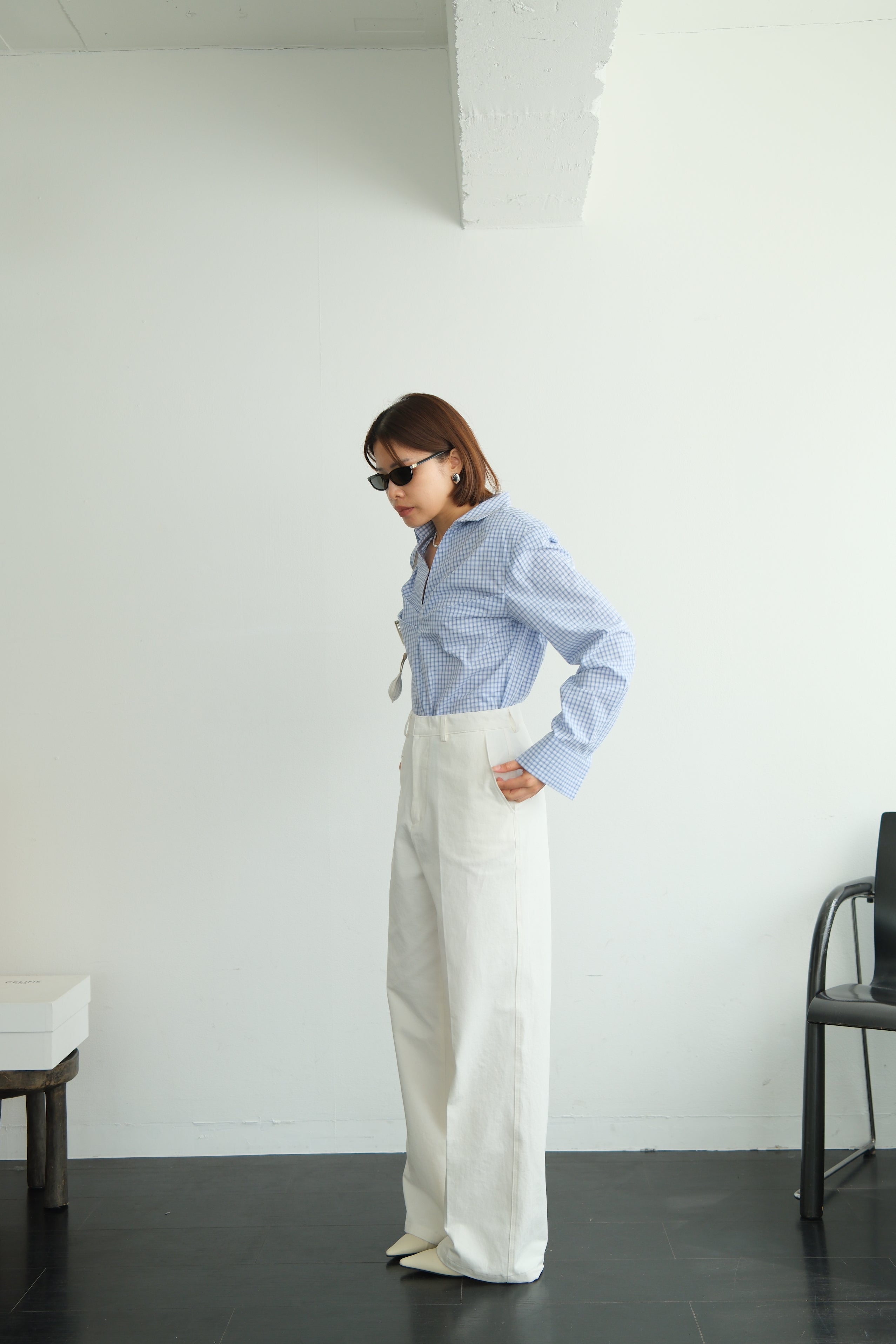 V-Neck Shirt with Pleated Detail & Shoulder Pads
