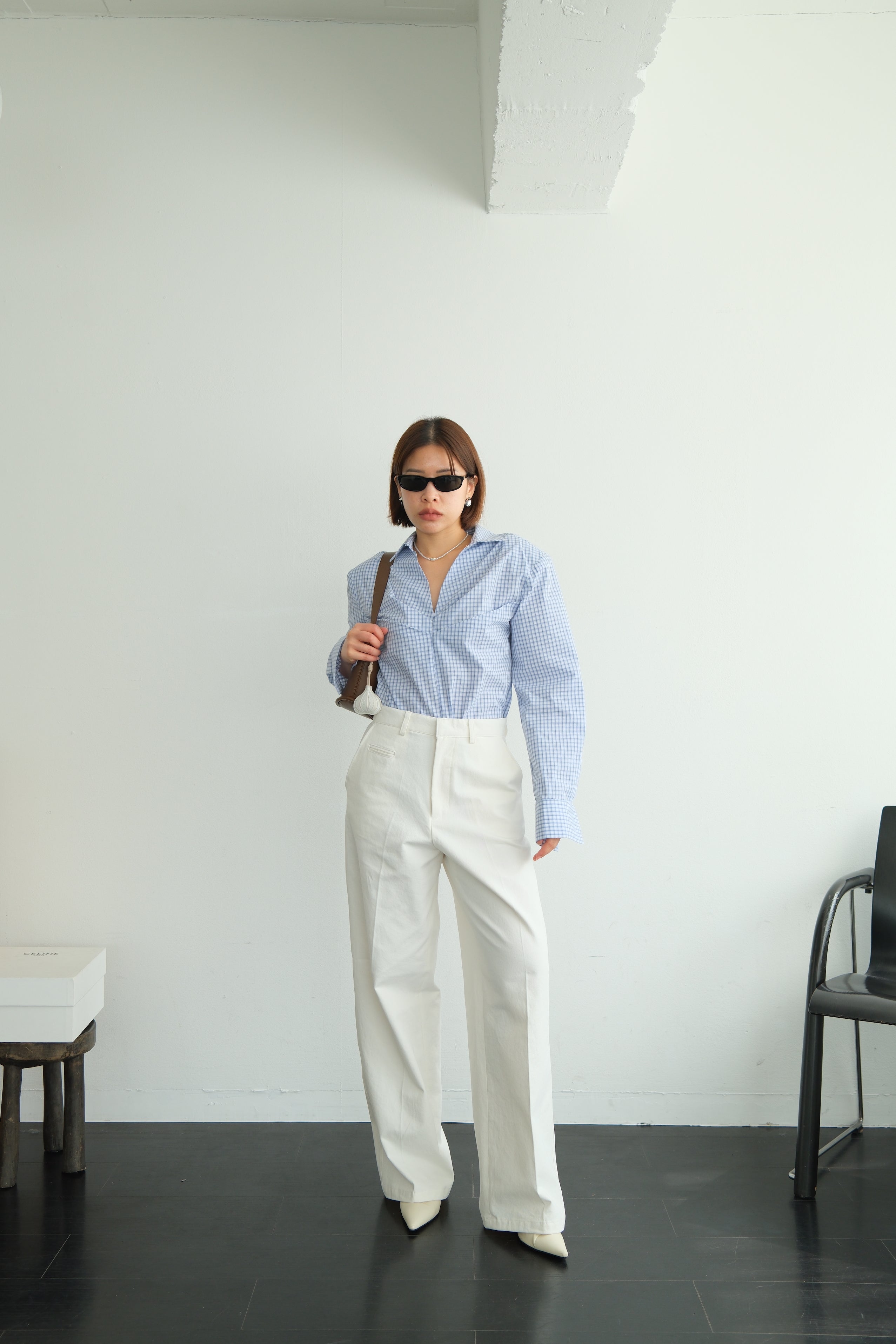 V-Neck Shirt with Pleated Detail & Shoulder Pads