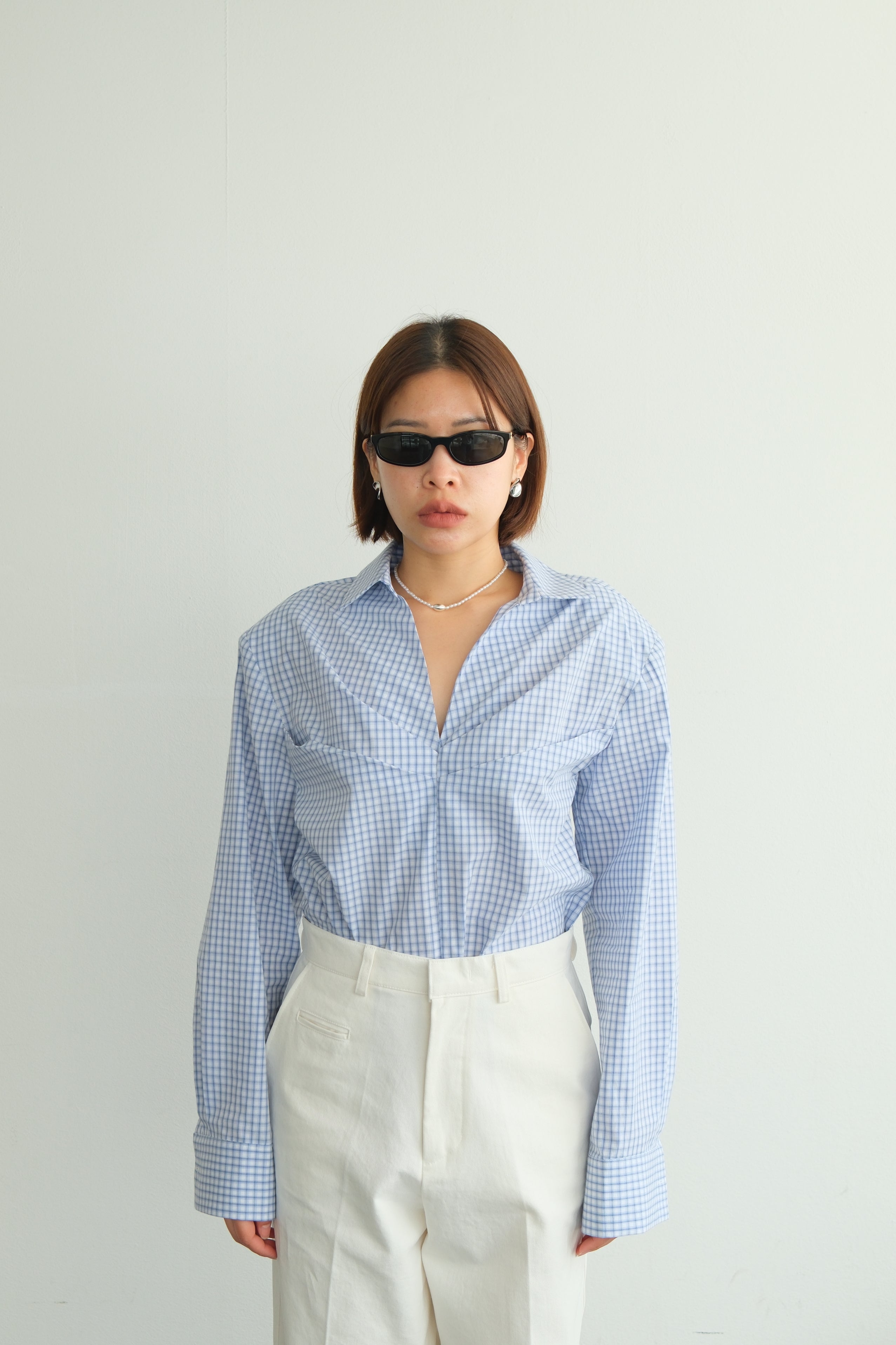 V-Neck Shirt with Pleated Detail & Shoulder Pads