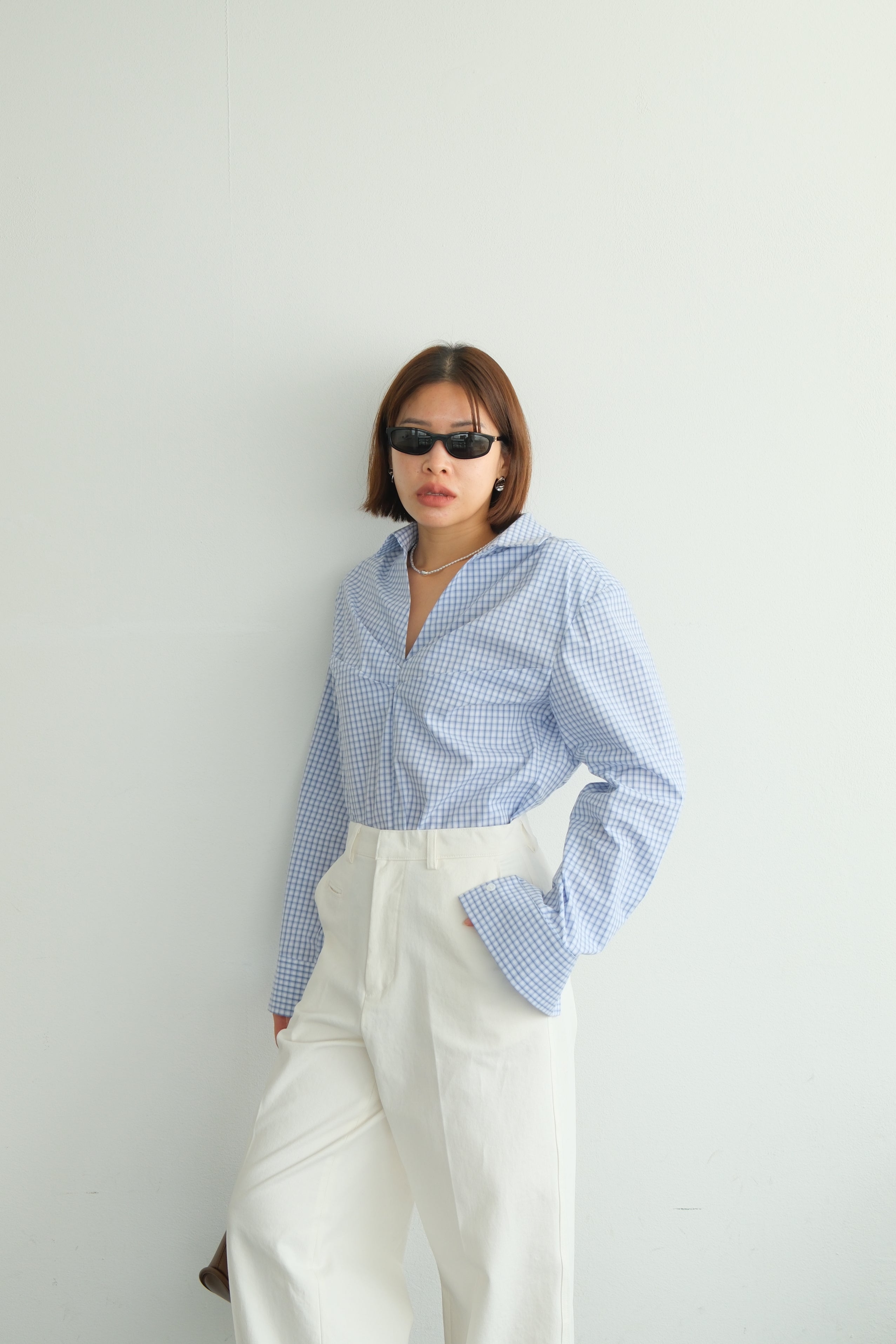 V-Neck Shirt with Pleated Detail & Shoulder Pads