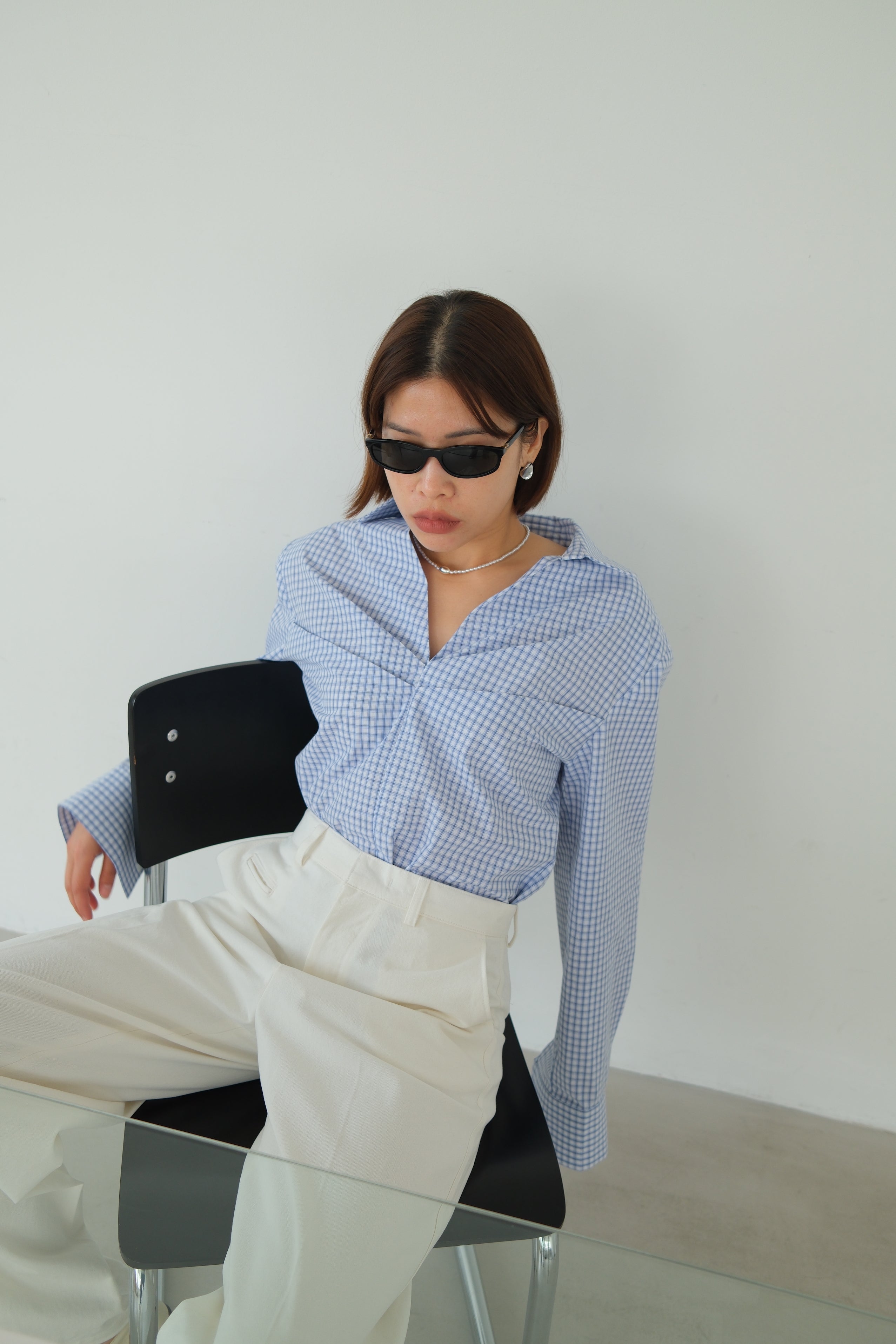 V-Neck Shirt with Pleated Detail & Shoulder Pads