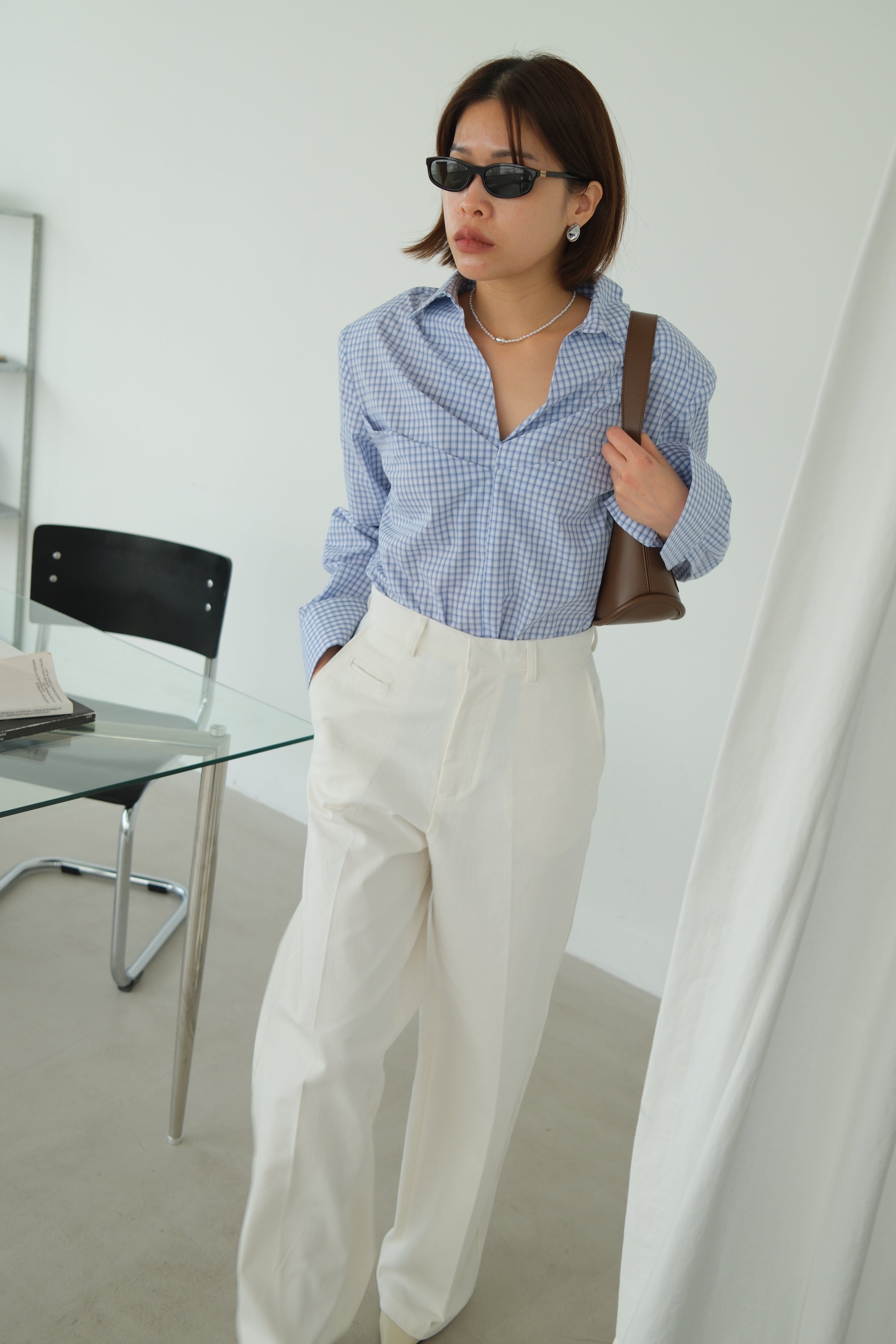 V-Neck Shirt with Pleated Detail & Shoulder Pads