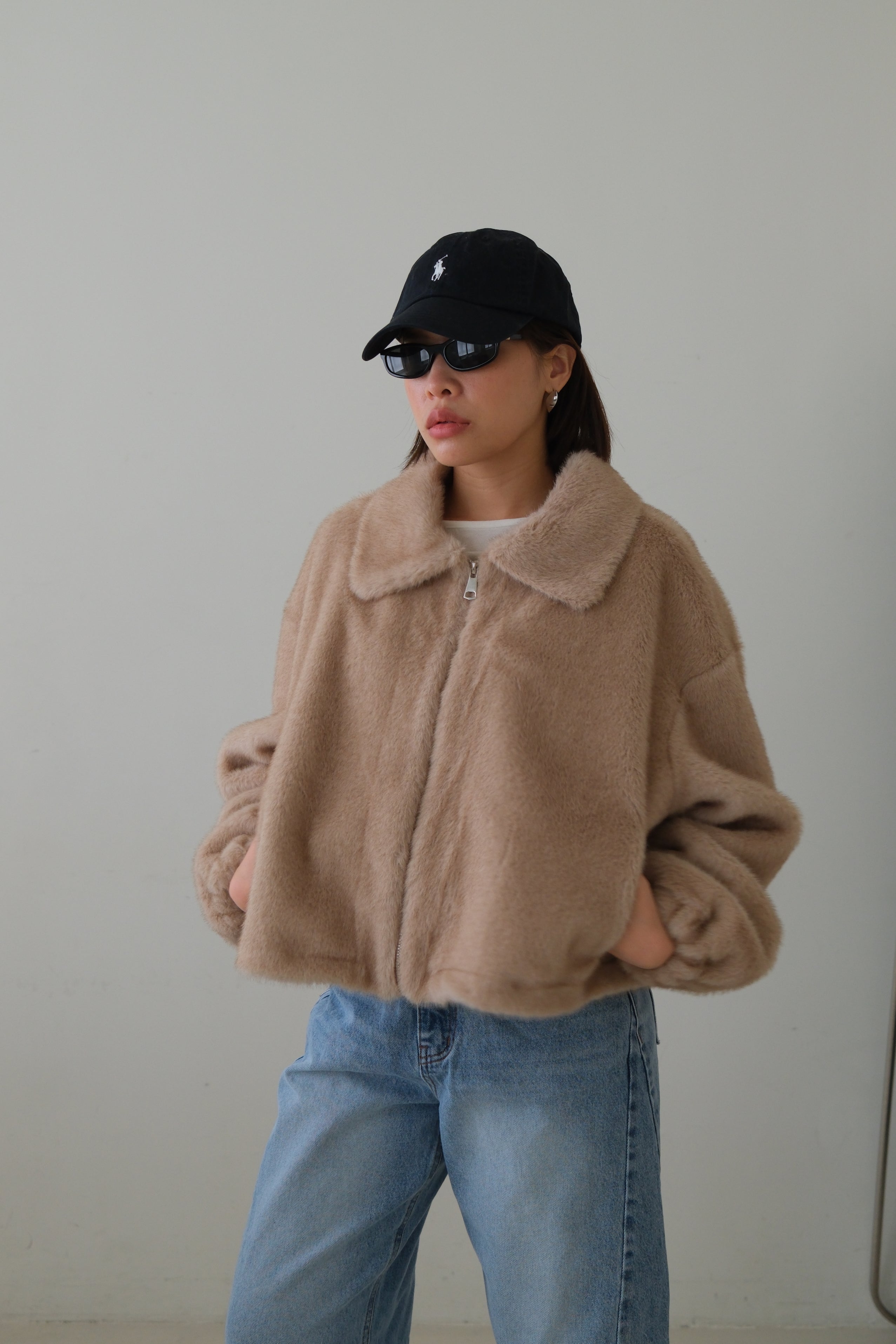 Fluffy faux fur zip up jacket