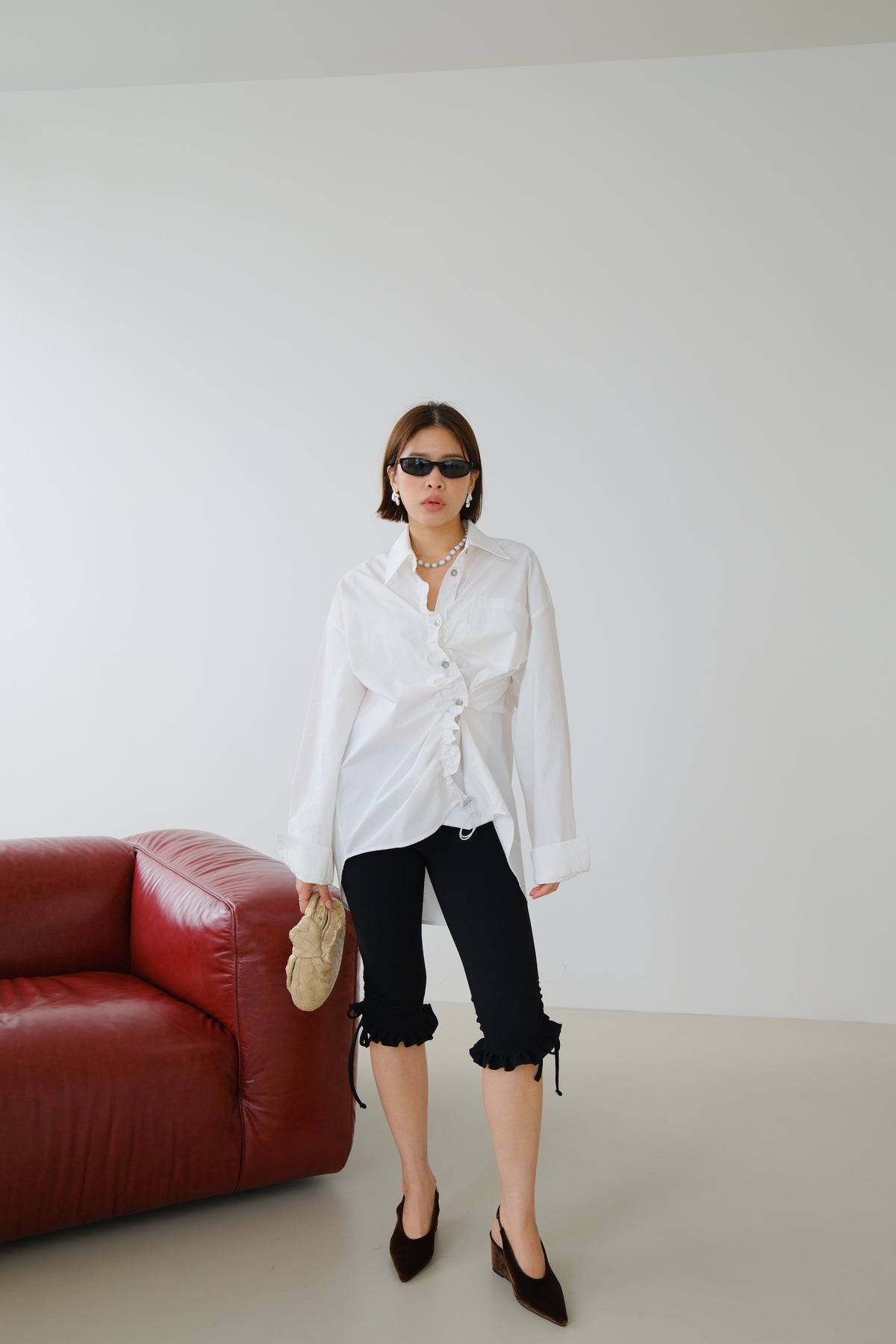 Lottie Ruched Ruffle Capri Pants