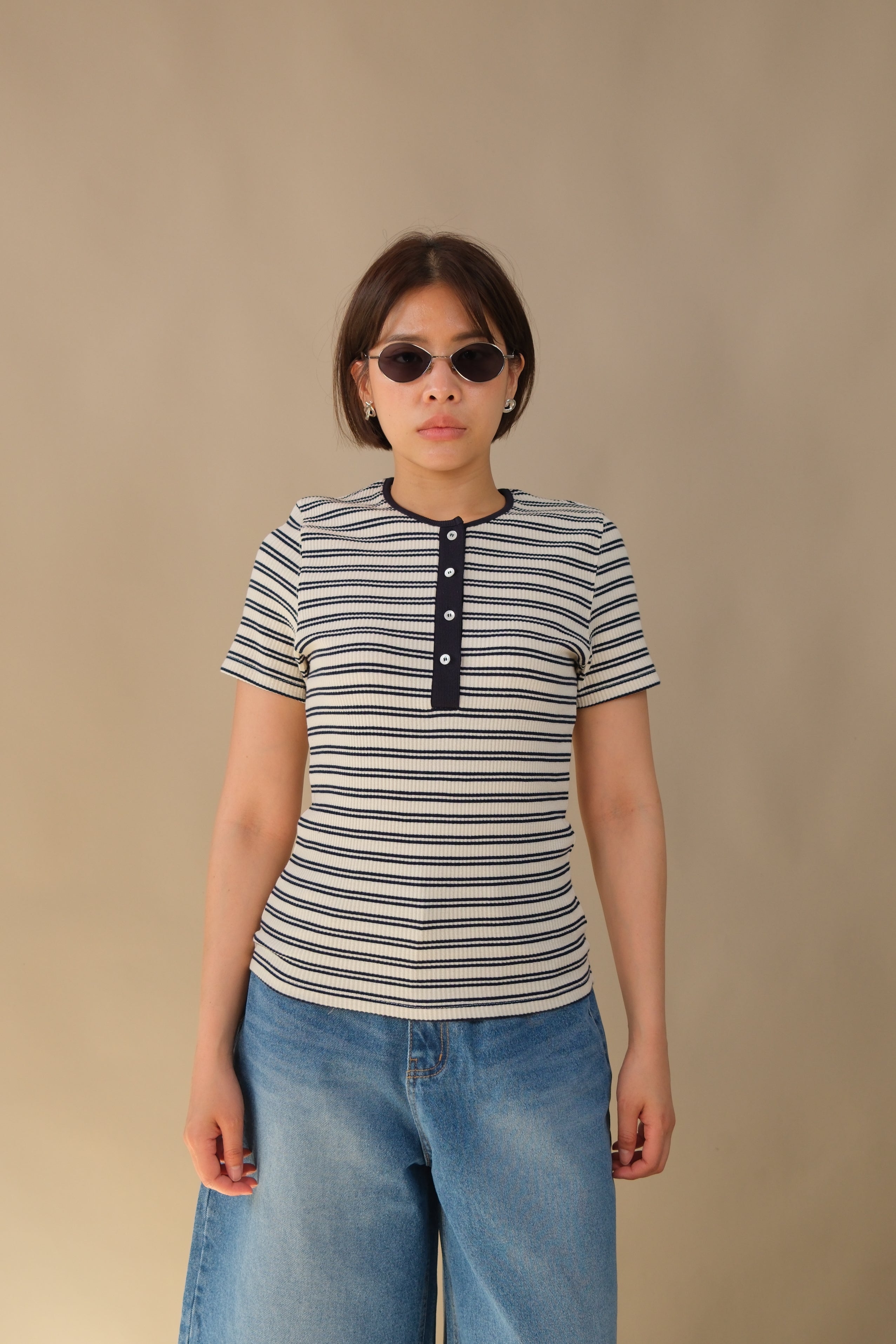 Victor Striped Rib Button Neck Tee