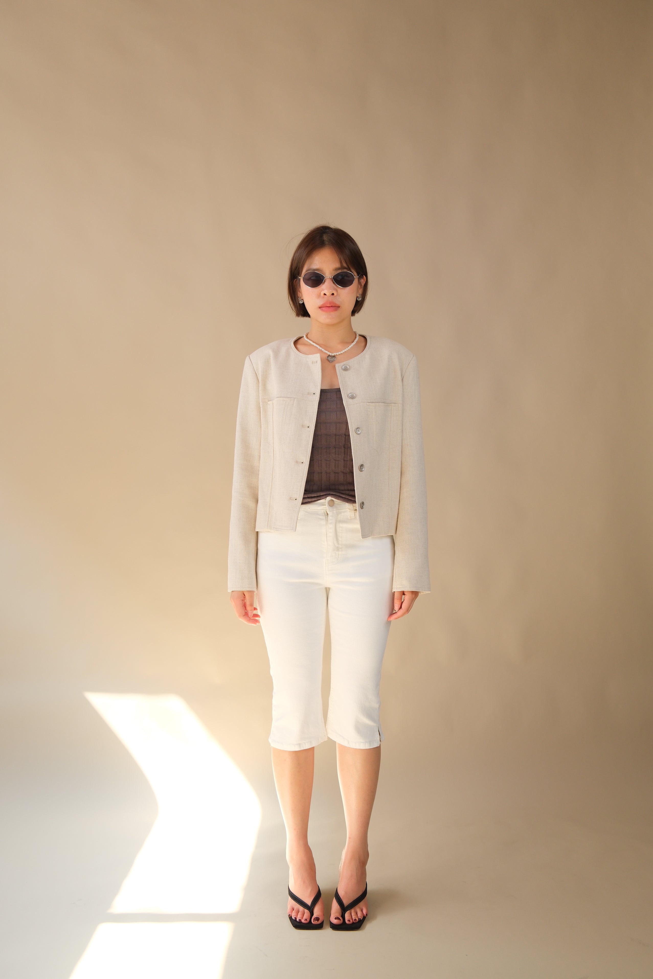 Round Neck Cropped Linen Jacket