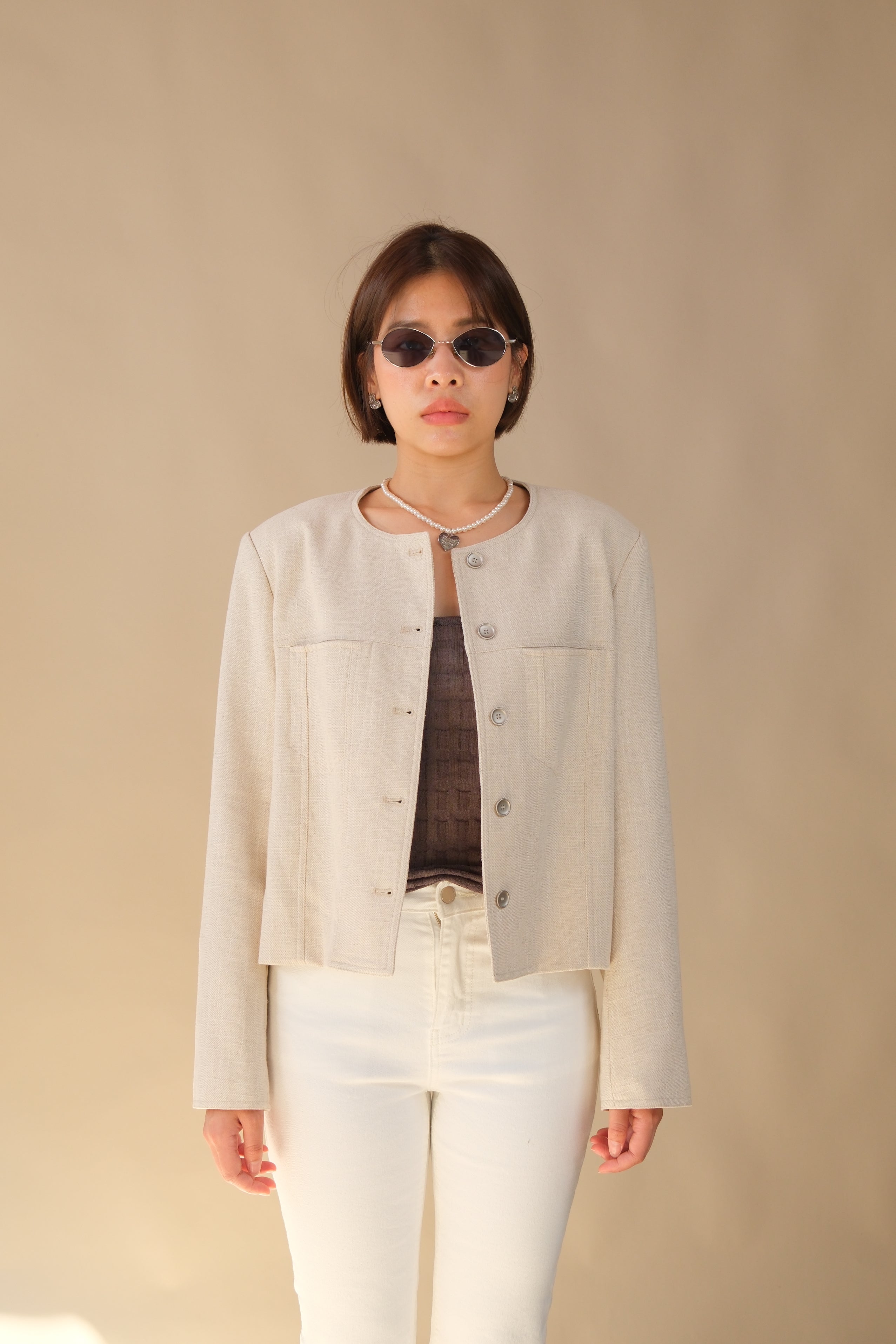Round Neck Cropped Linen Jacket