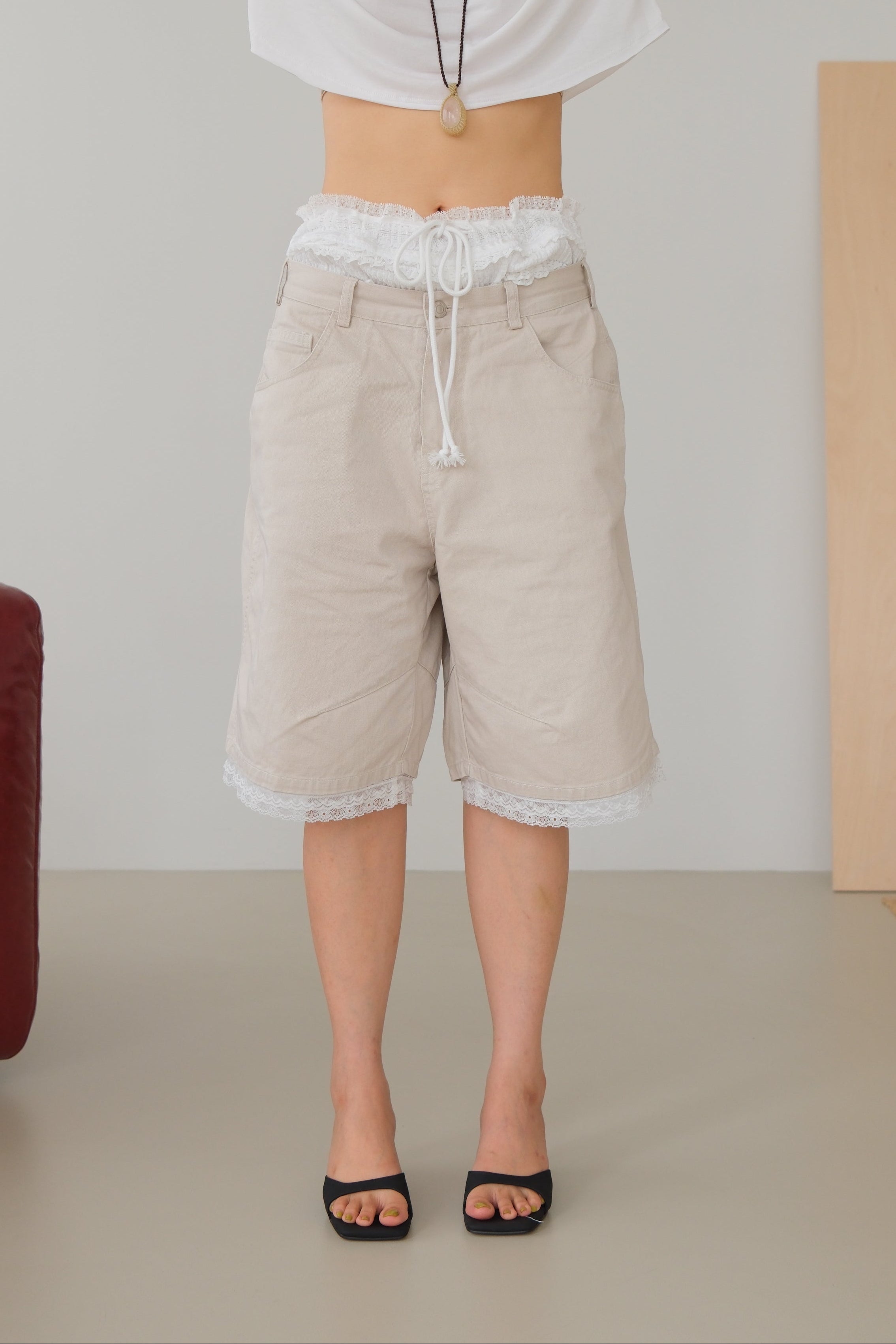 Lace-Trim Smocked Denim Jorts