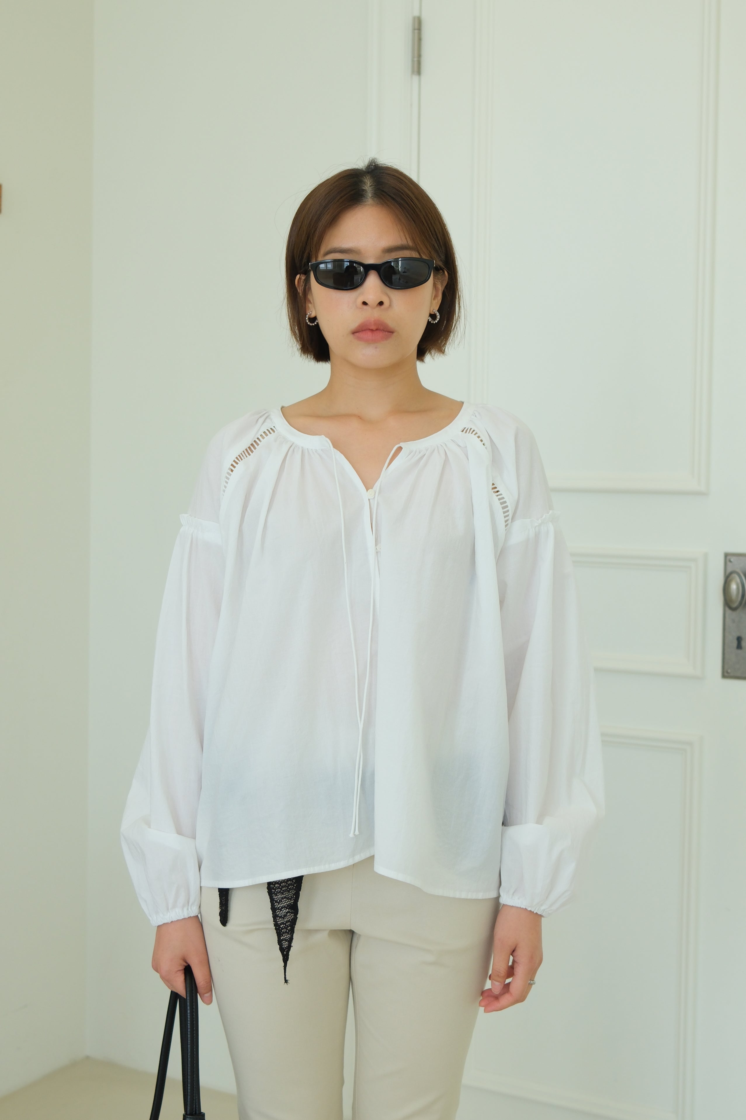 Aura Eyelet-Puff Button Blouse