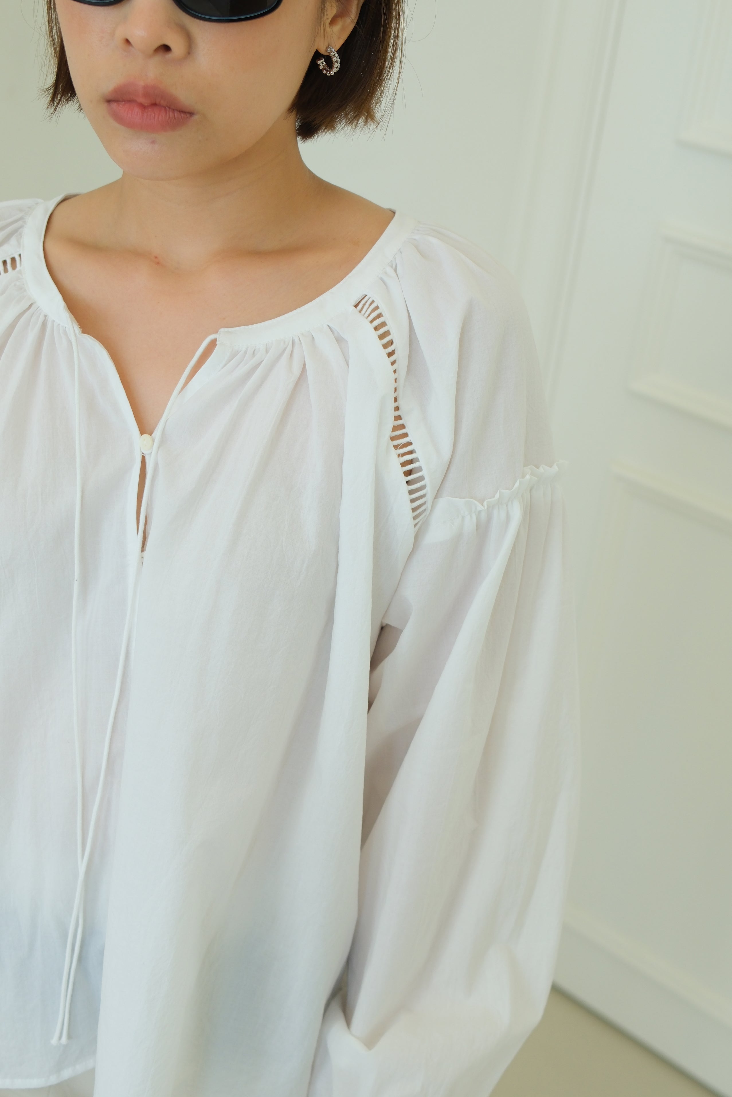Aura Eyelet-Puff Button Blouse