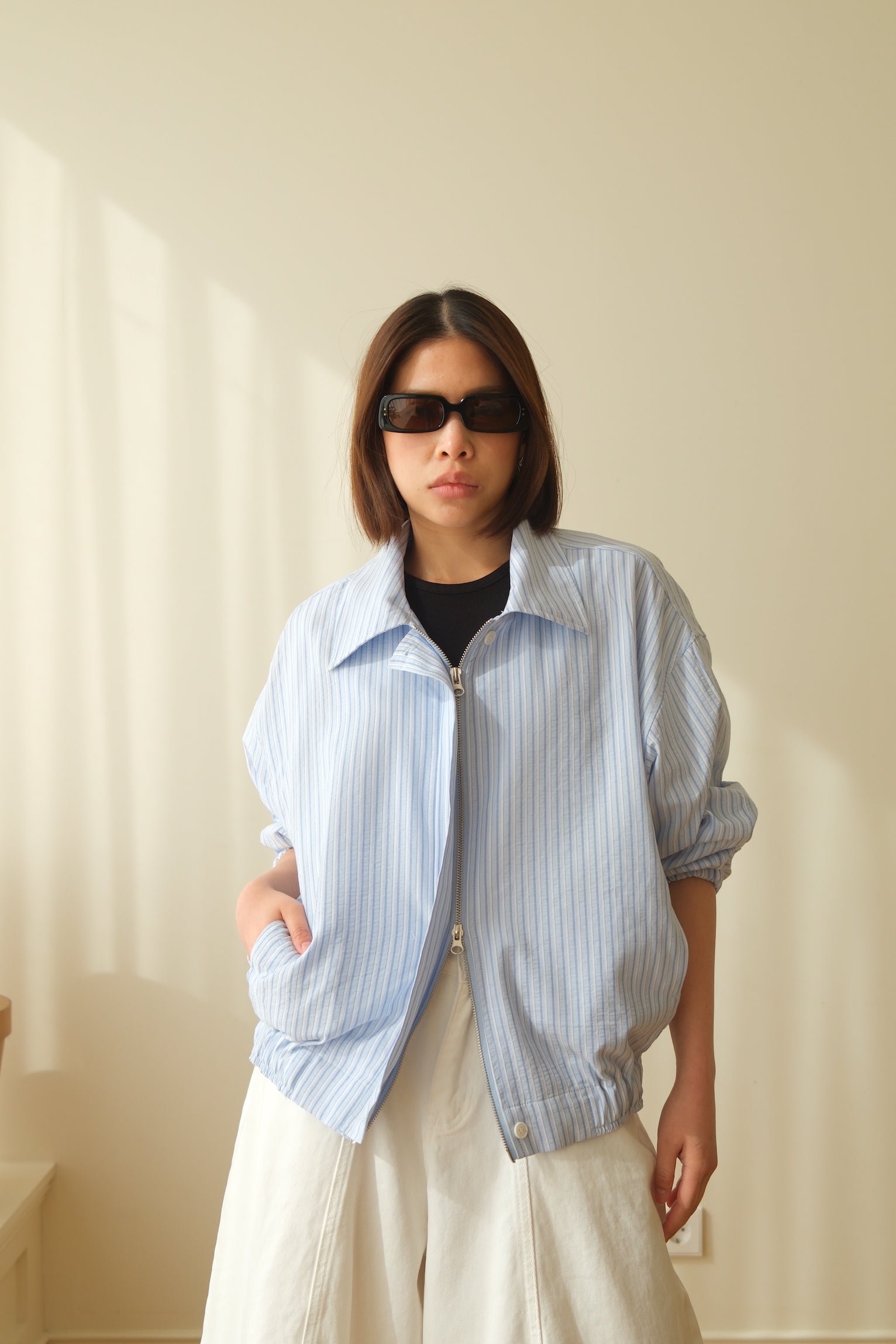 Spring striped zip-up bomber jacket