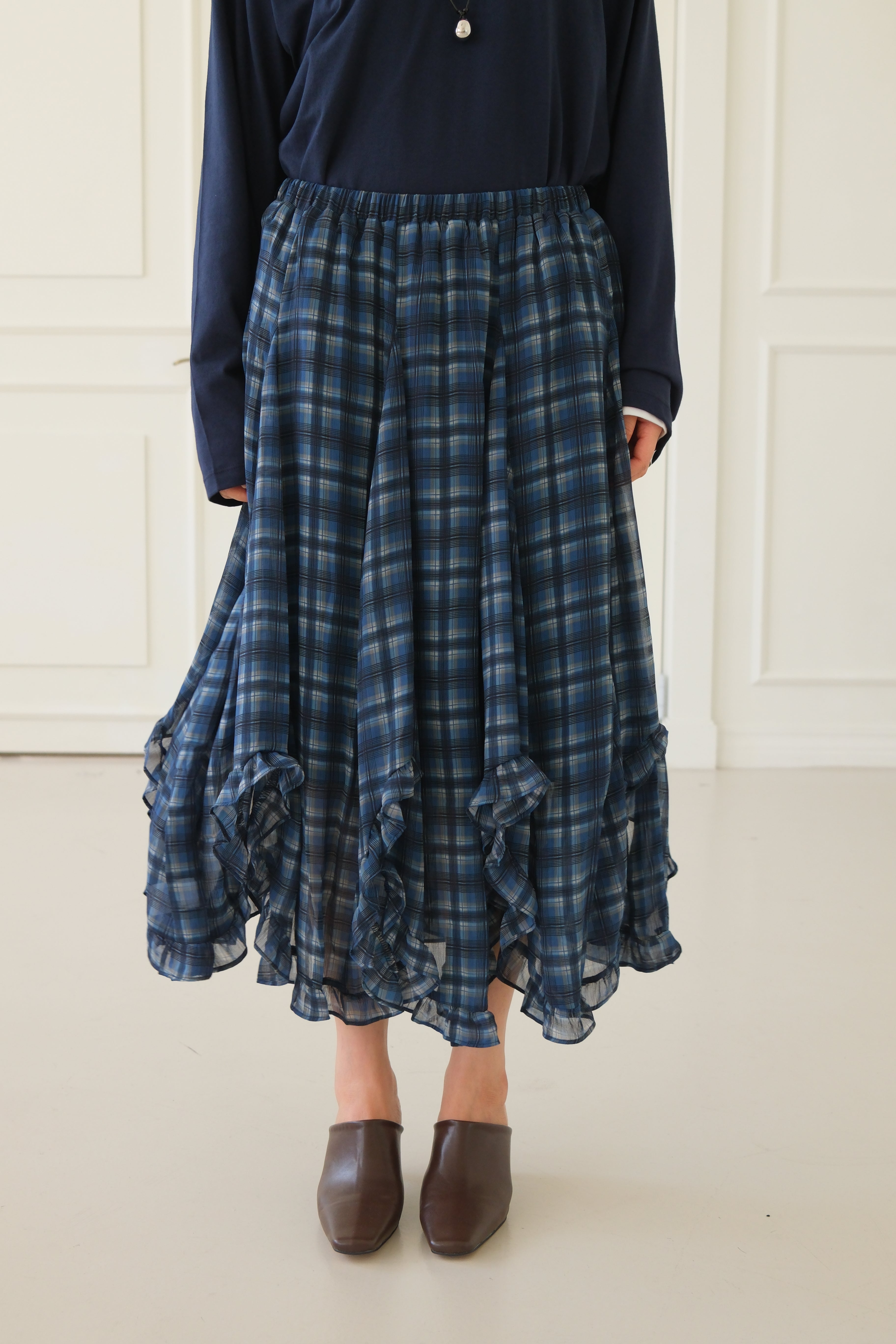 plaid unbalance sheer skirt