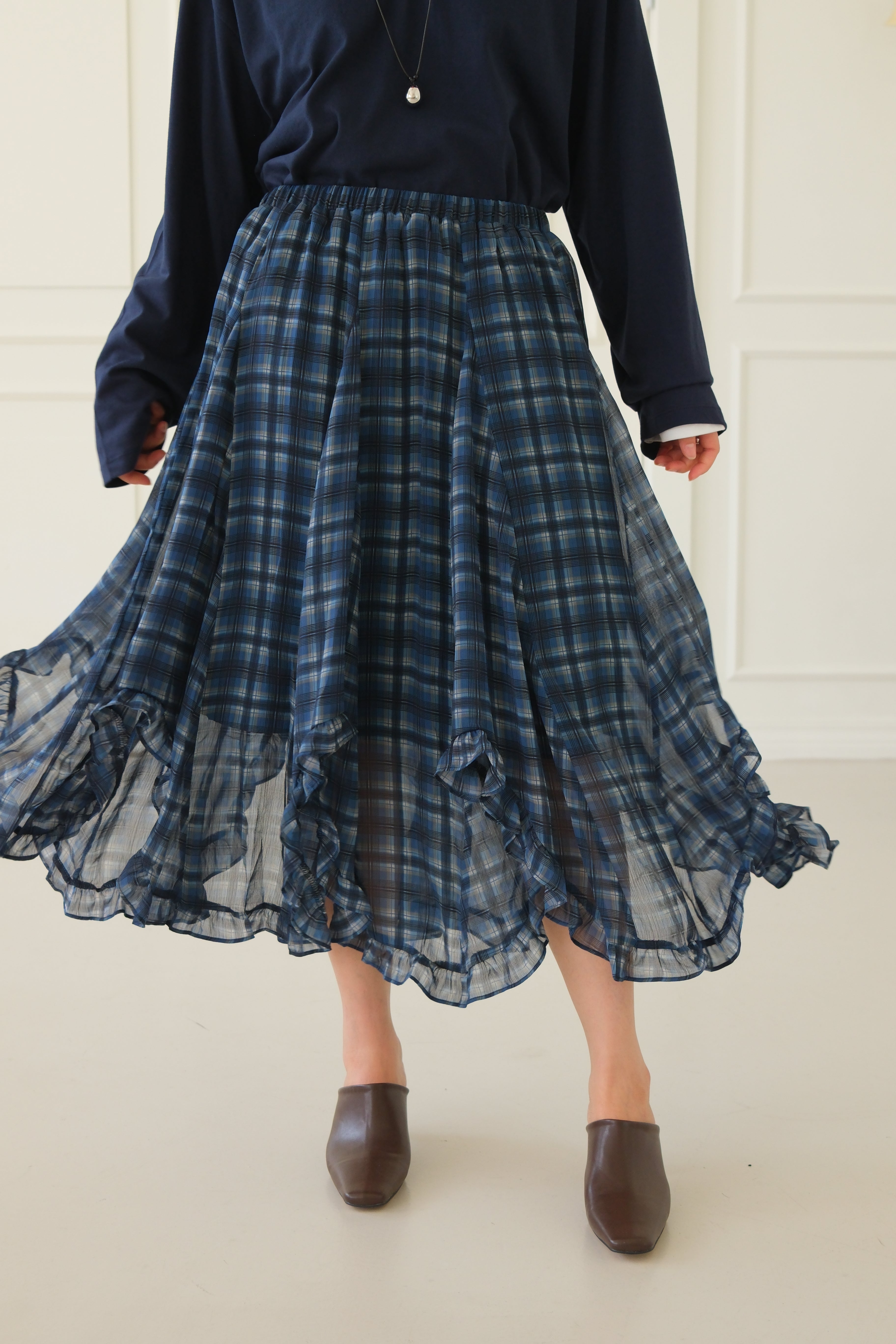 plaid unbalance sheer skirt
