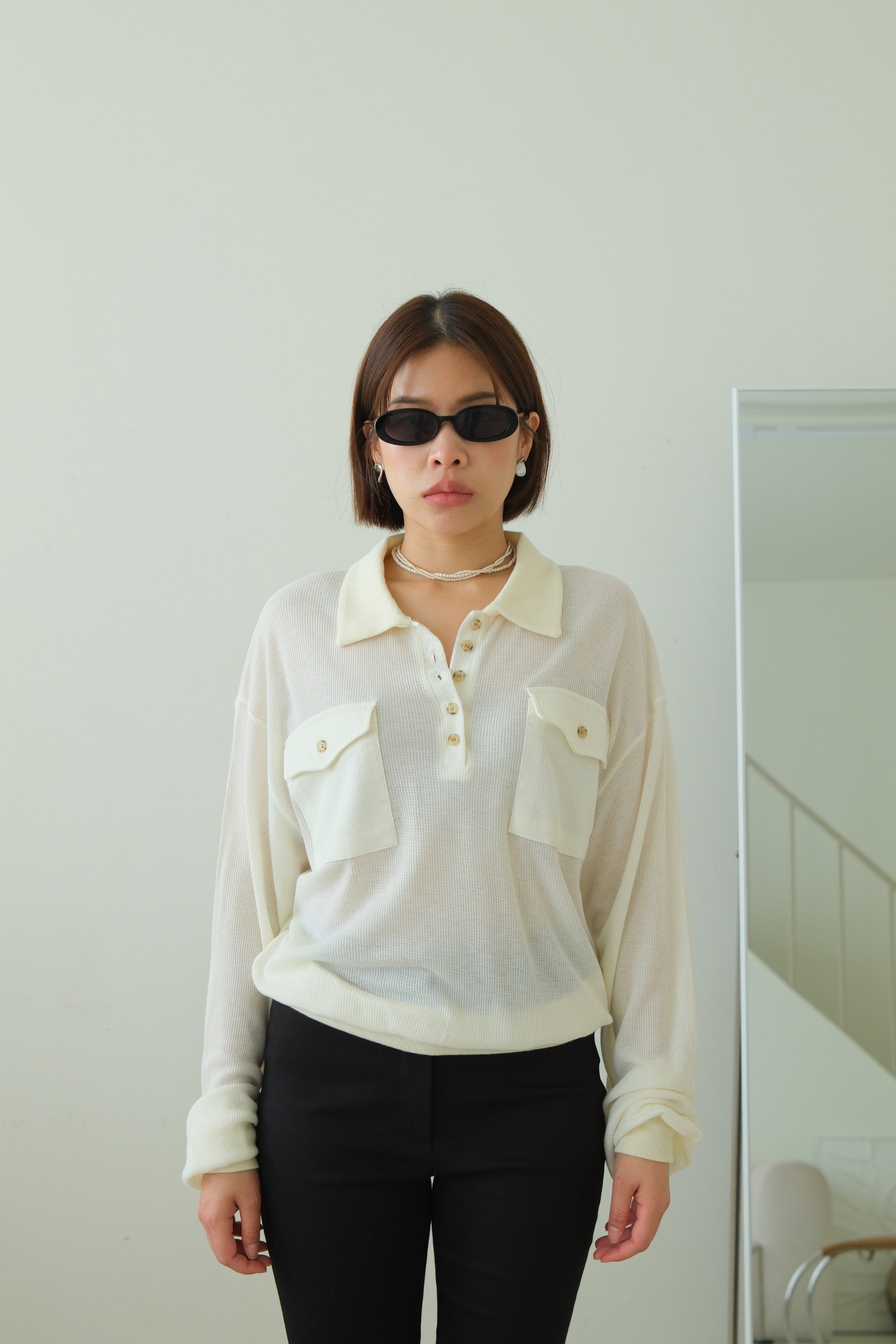 Waffle Knit Polo Long Sleeve Top