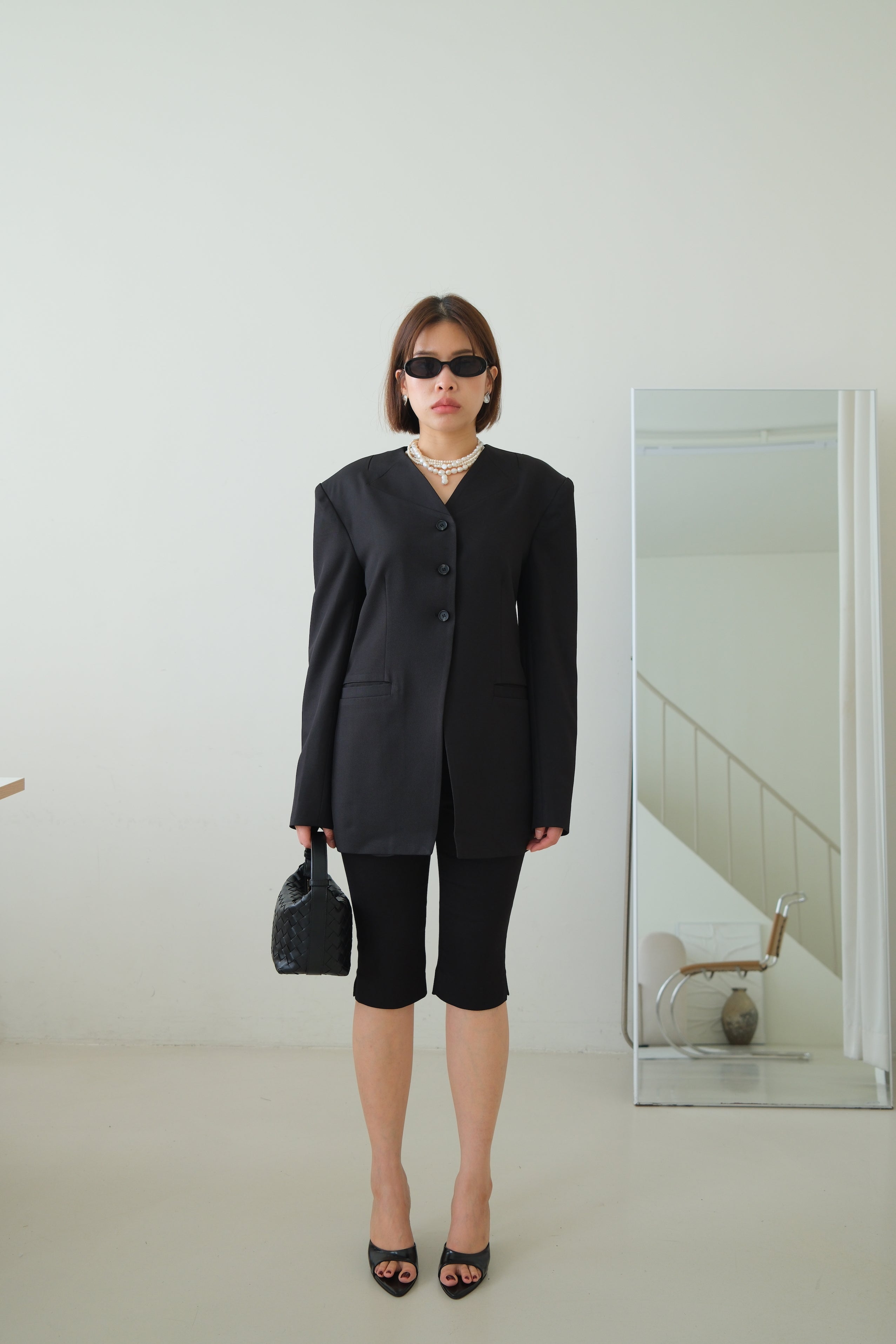 Collarless V-Neck Longline Blazer