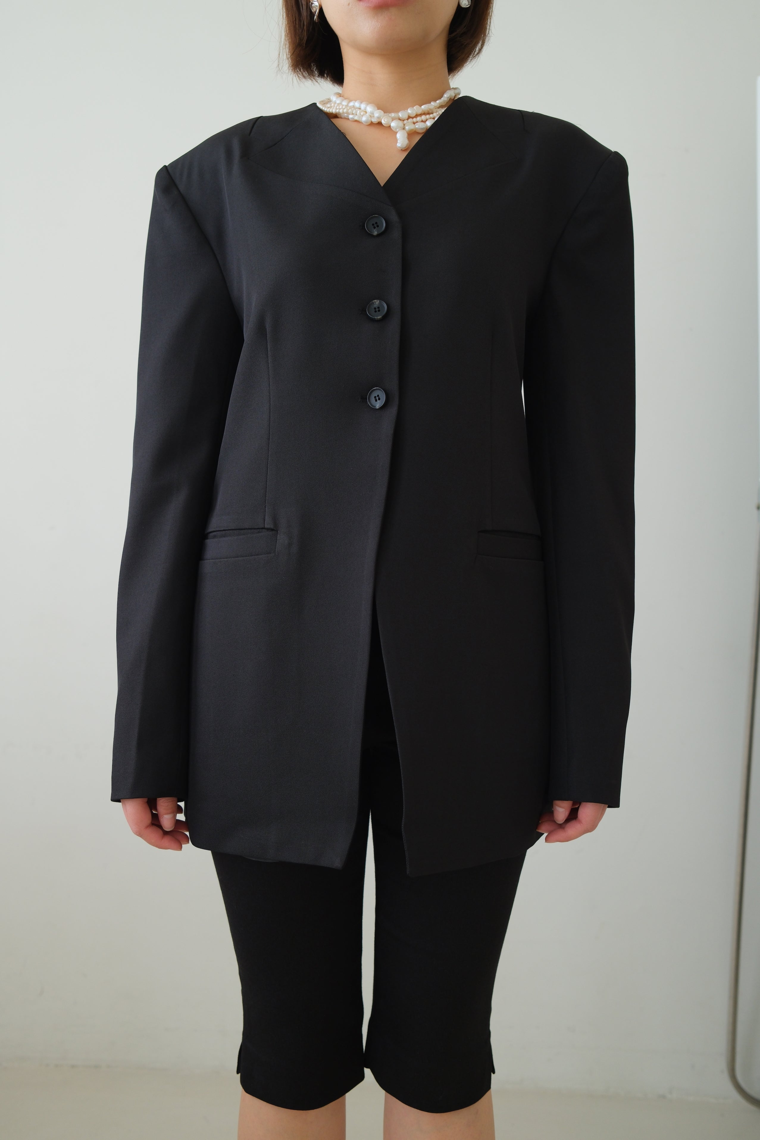 Collarless V-Neck Longline Blazer