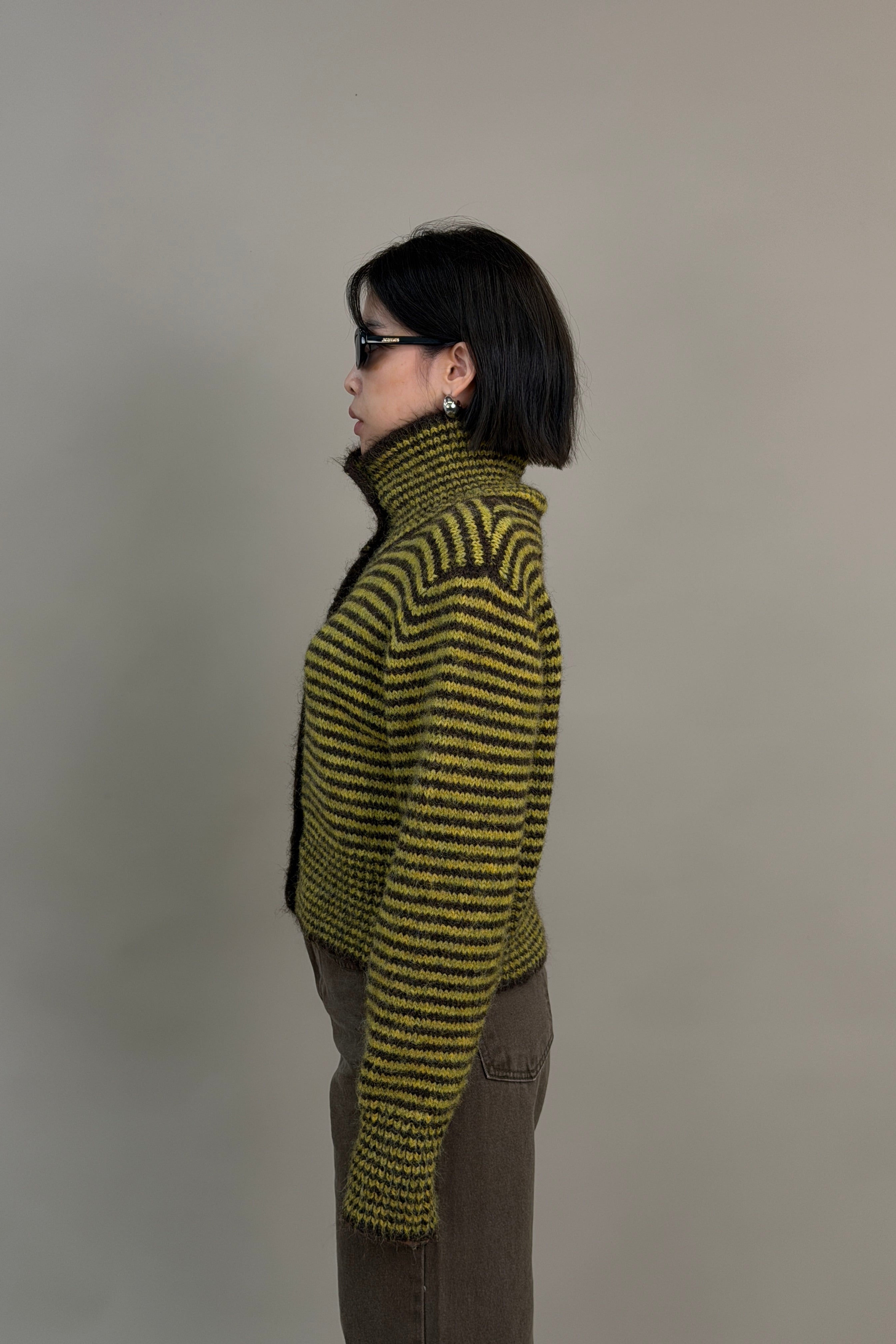 striped high-neck Fluffy cardigan