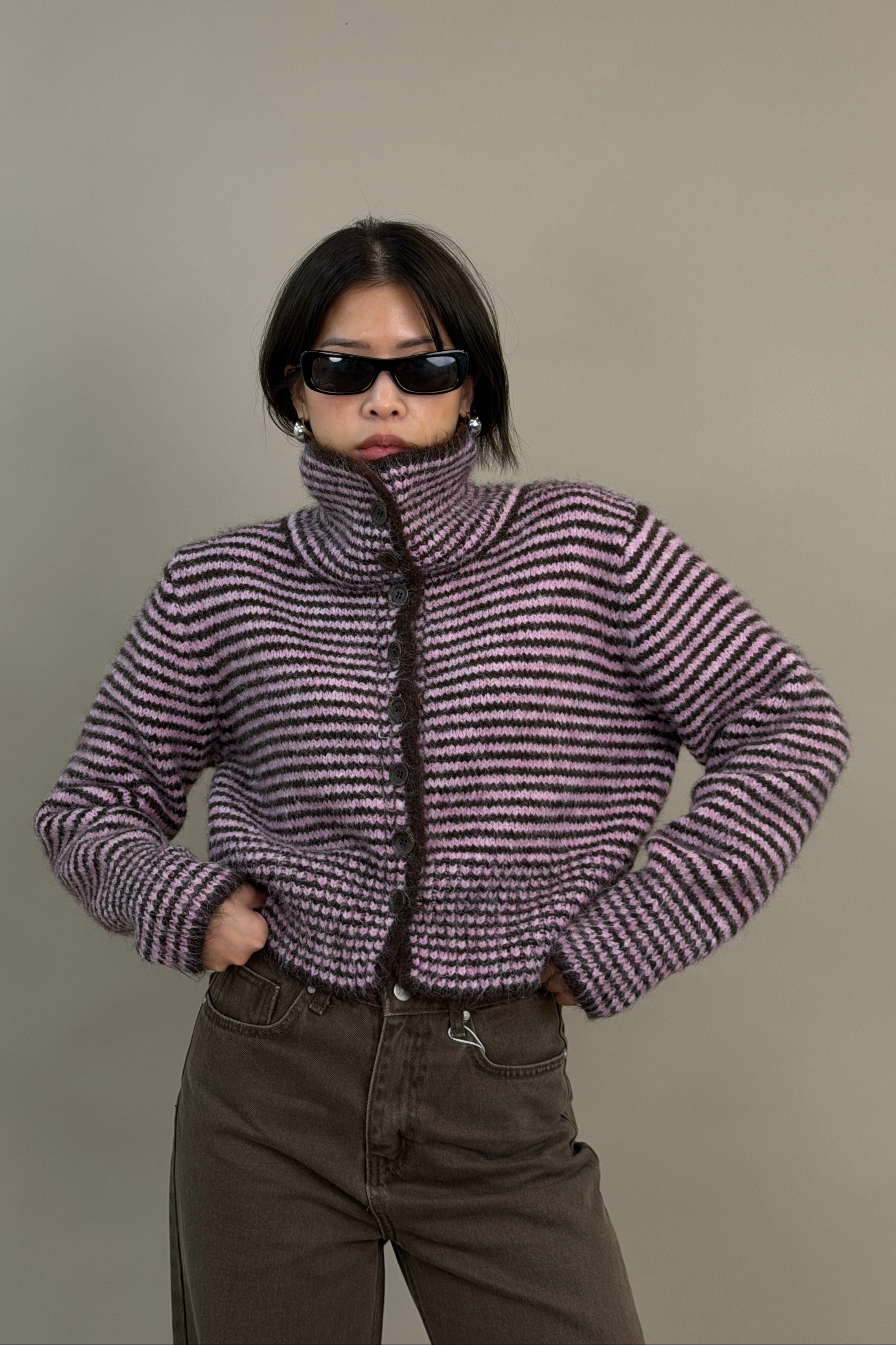 striped high-neck Fluffy cardigan