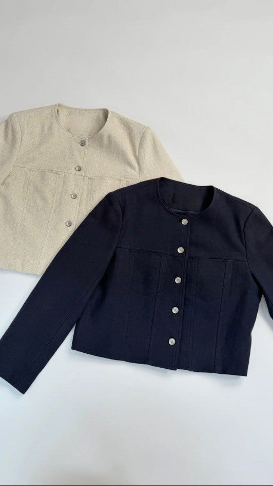 Round Neck Cropped Linen Jacket