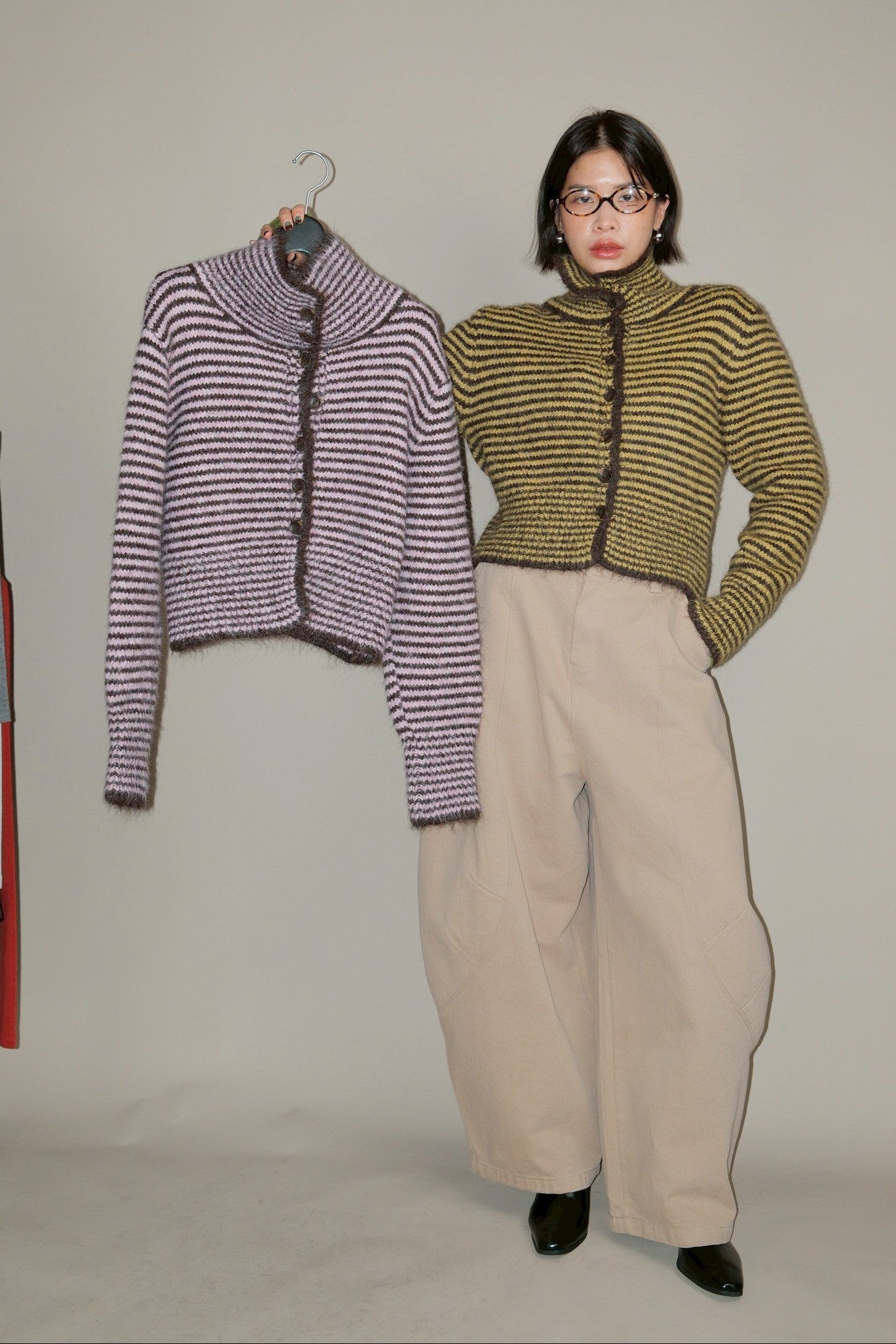 striped high-neck Fluffy cardigan