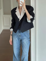 contrast collar double breasted crop suit