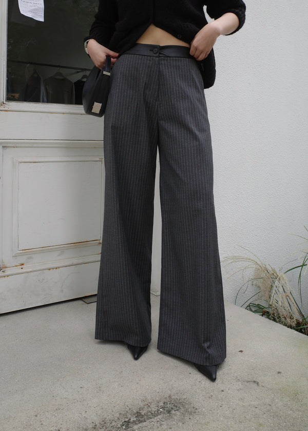 stripe flared pants w/ leather detail