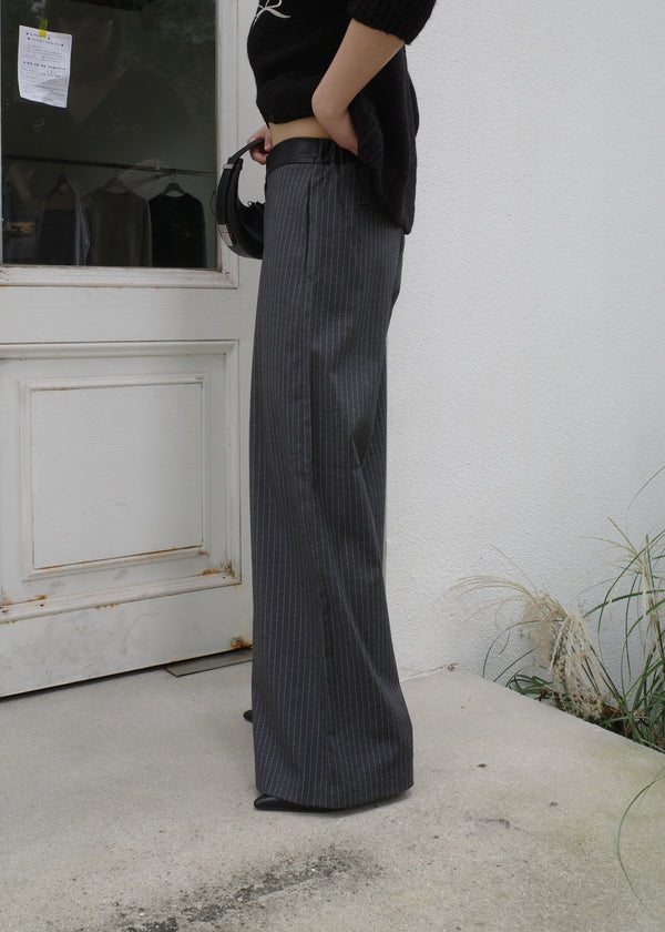 stripe flared pants w/ leather detail