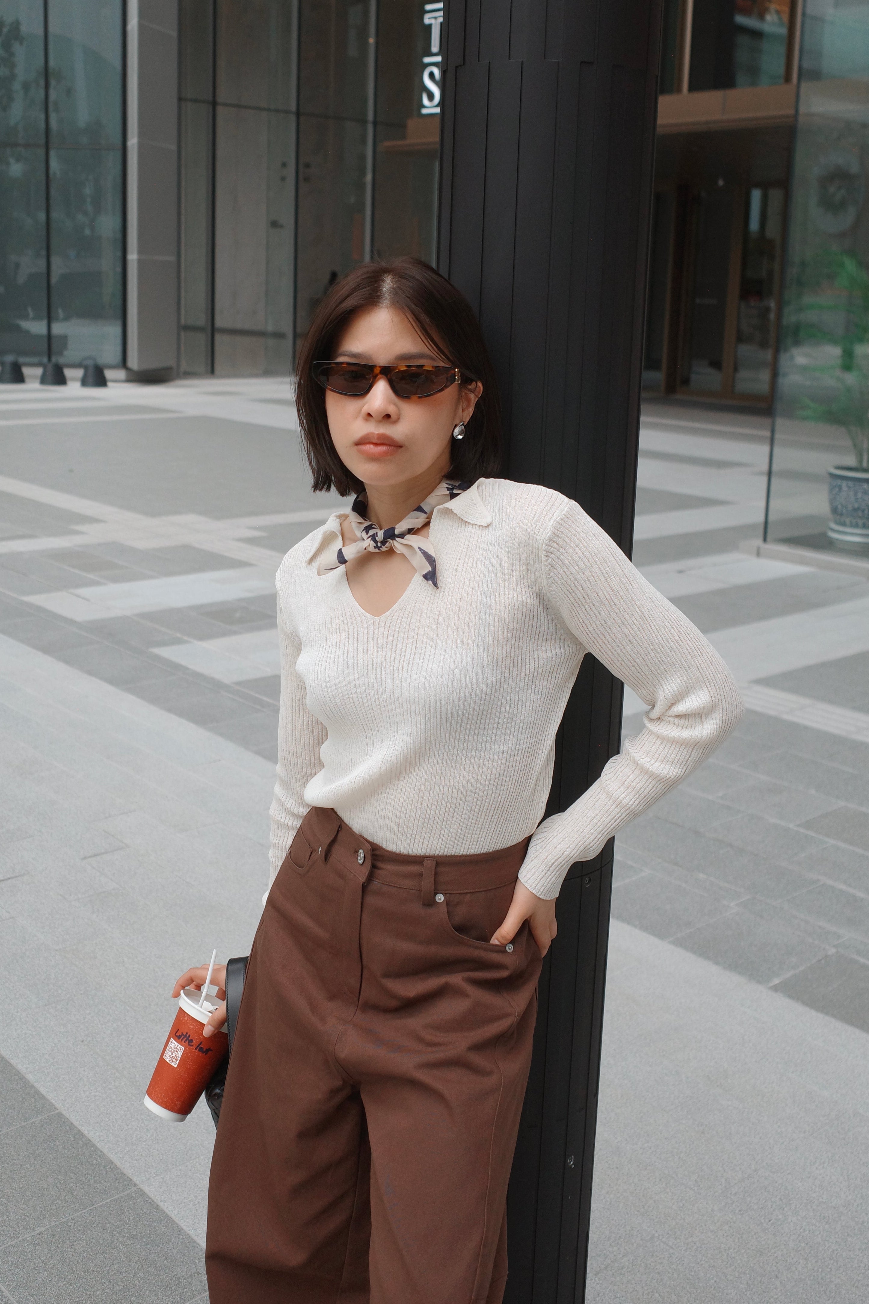 lapel linen knit long sleeve top