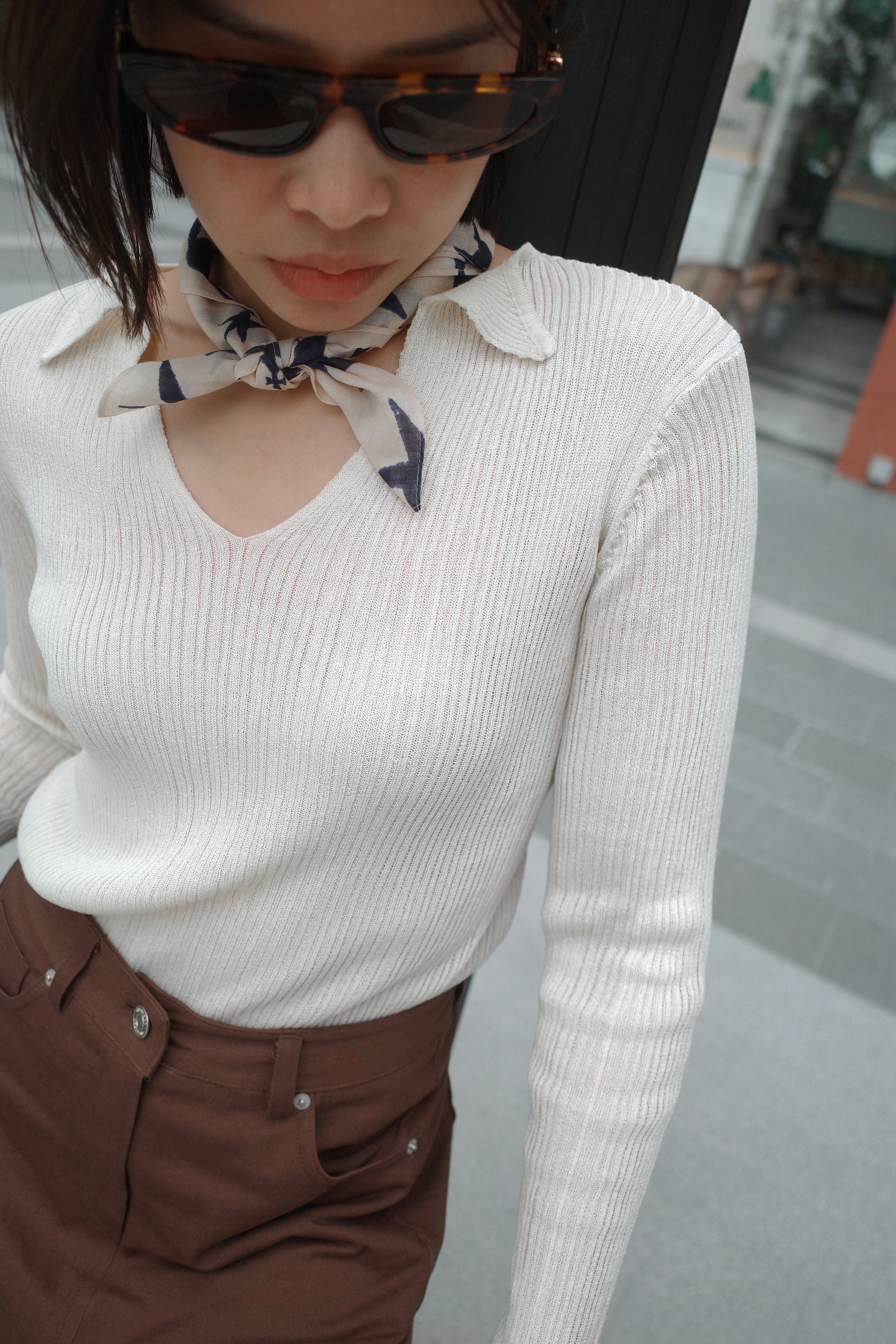 lapel linen knit long sleeve top